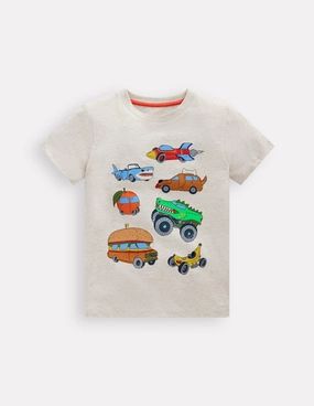SoftenedNeckline Short Sleeve Graphic T-shirt-Oatmeal Marl Silly Vehicles