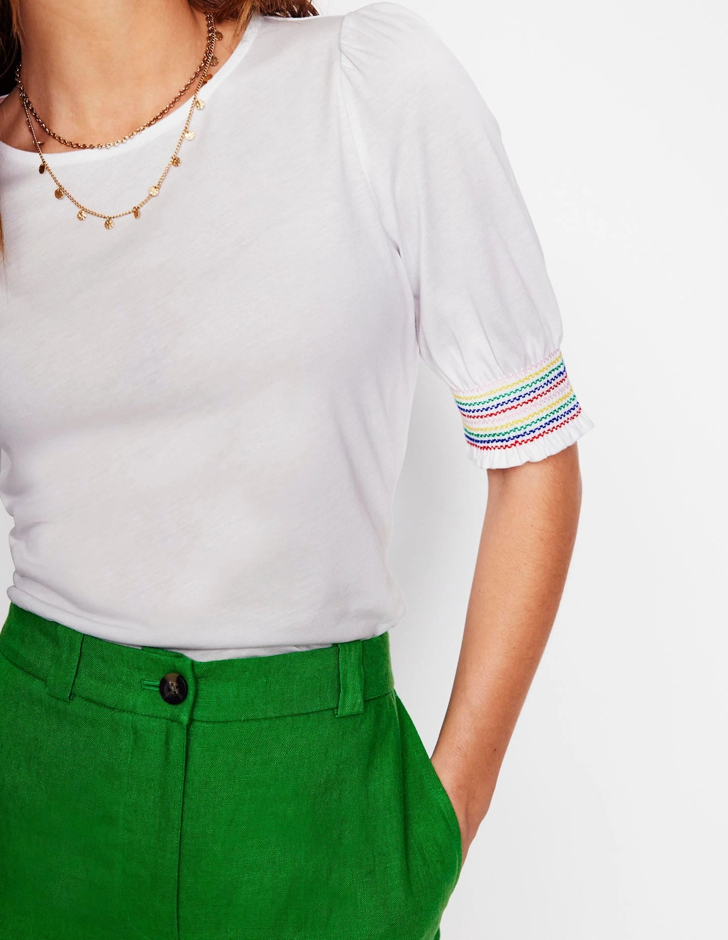 Street Casual Look Short Sleeve Smocked Cuff Top-White