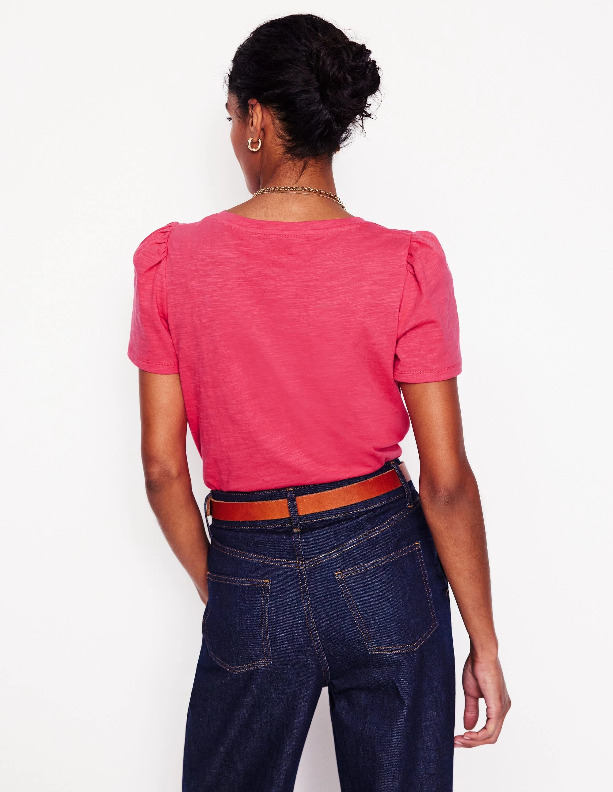 Short Sleeve V Neck T-shirt-Camelia Pink Light Casual