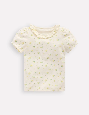 Soft Stretch Fit Short-sleeved Ruffle Pointelle-Rosebud Floral