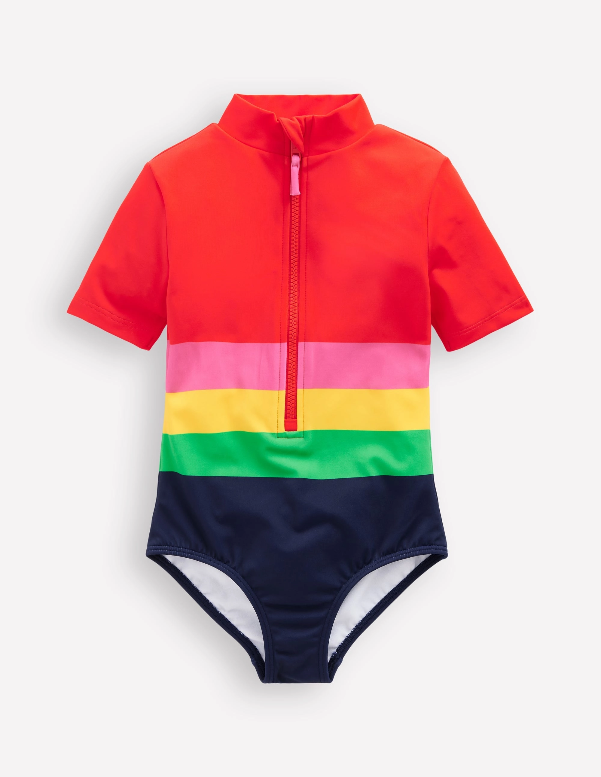 Multi Pocket Design Short-sleeved Swimsuit-Red Multi Stripe