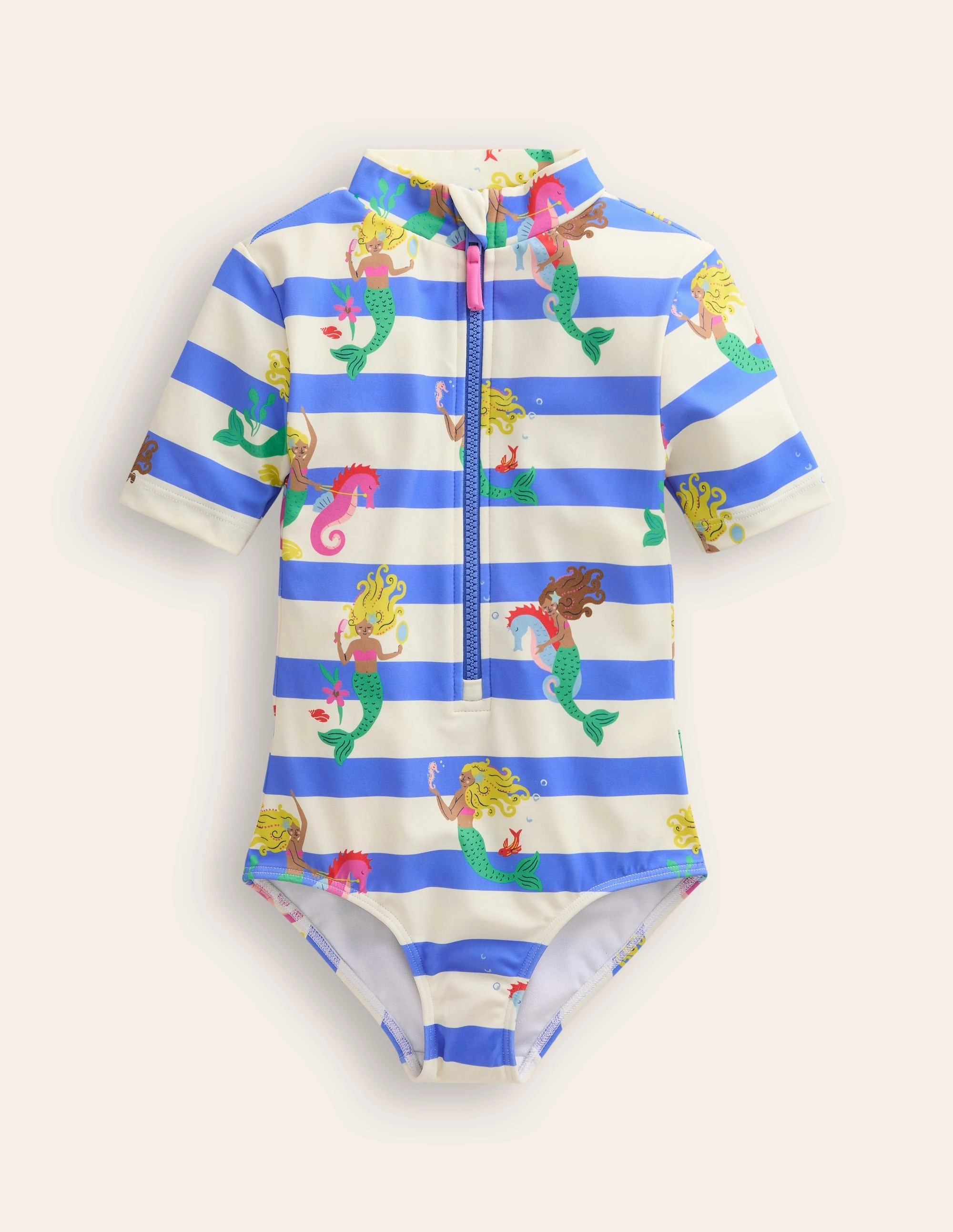 Short-sleeved Swimsuit-Surf Blue Mermaid Stripe Saltwater Resistant Anti Fog Lens Coating