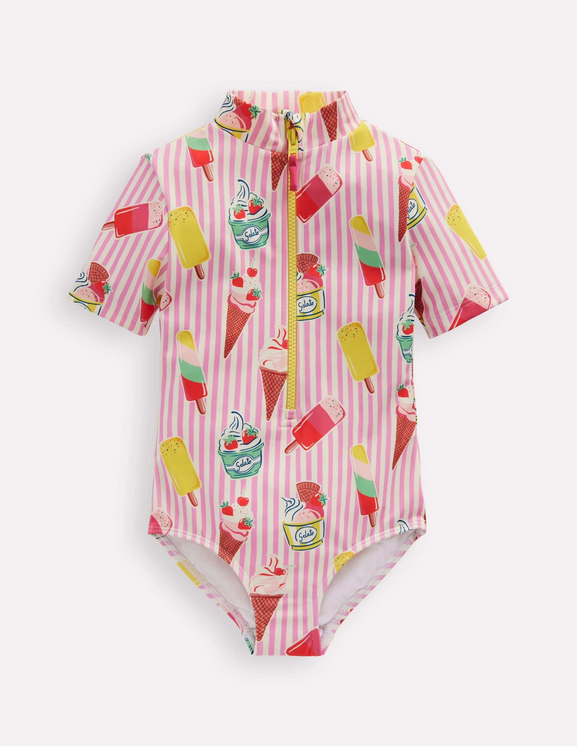 Short-sleeved Swimsuit-Vintage Pink Ice Cream Stripe Tropical Prints