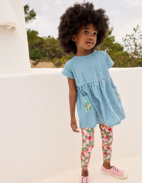 Short-sleeved woven tunic-Ticking Blue Embroidery Minimalist Comfort