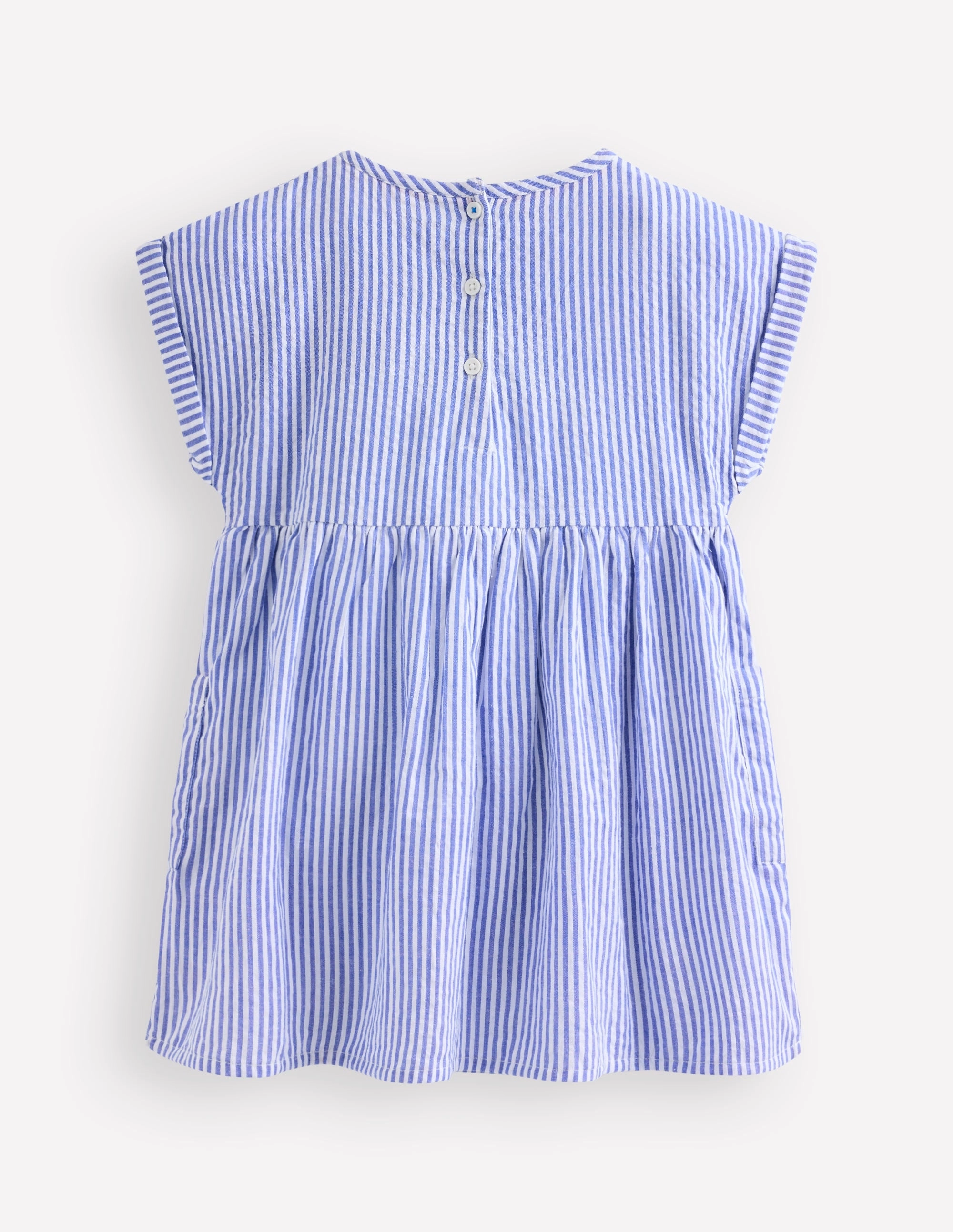 Chilly Style Short-sleeved woven tunic-Ticking Blue Embroidery