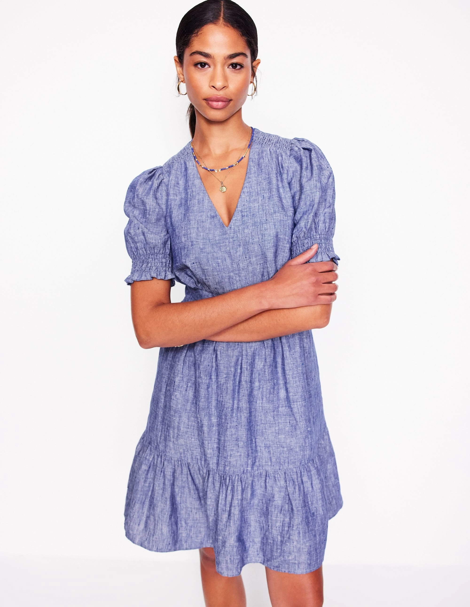Front-Pocket Tie-dye Anna Linen Short Dress-Authentic Blue Chambray