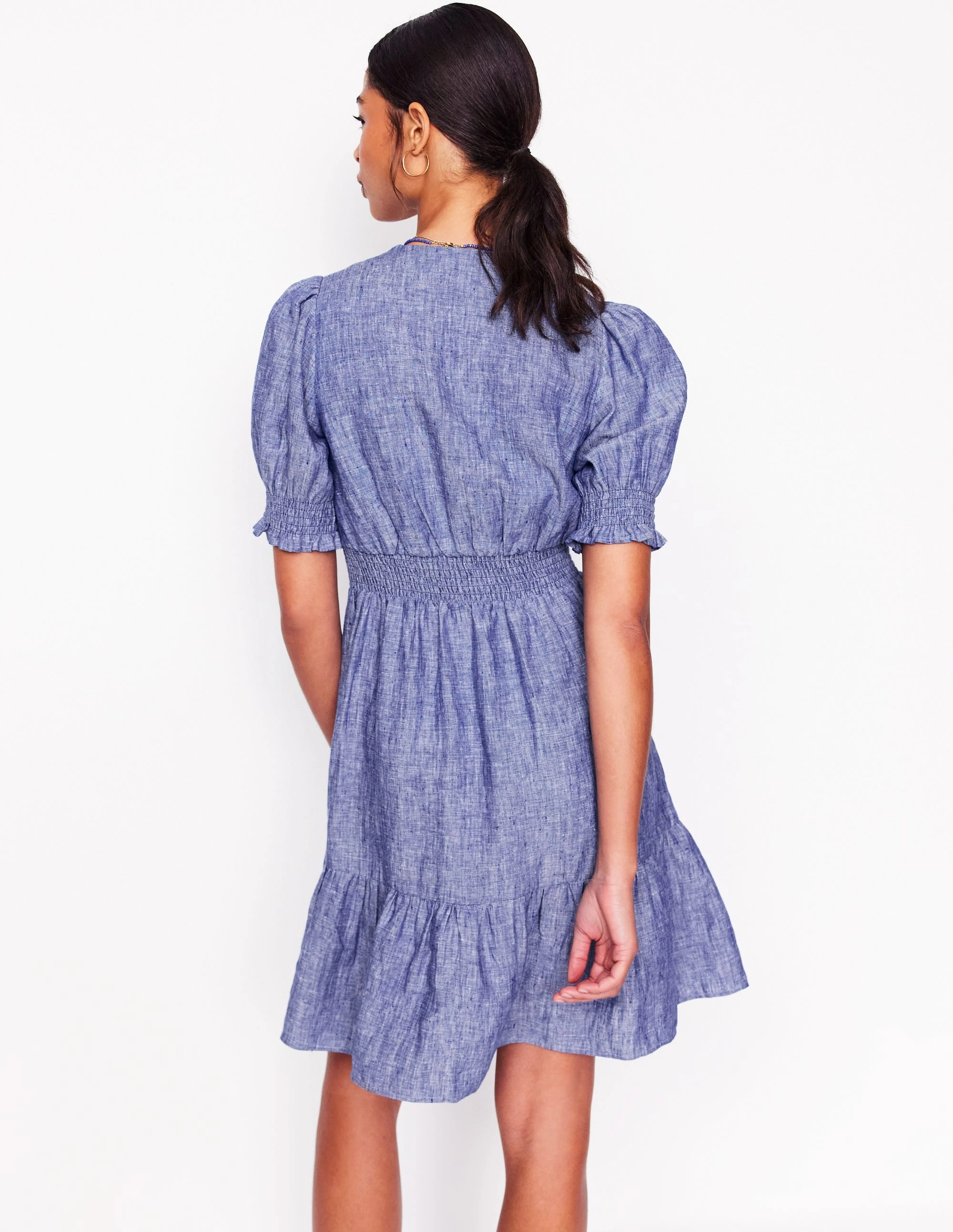 Anna Linen Short Dress-Authentic Blue Chambray Open Back