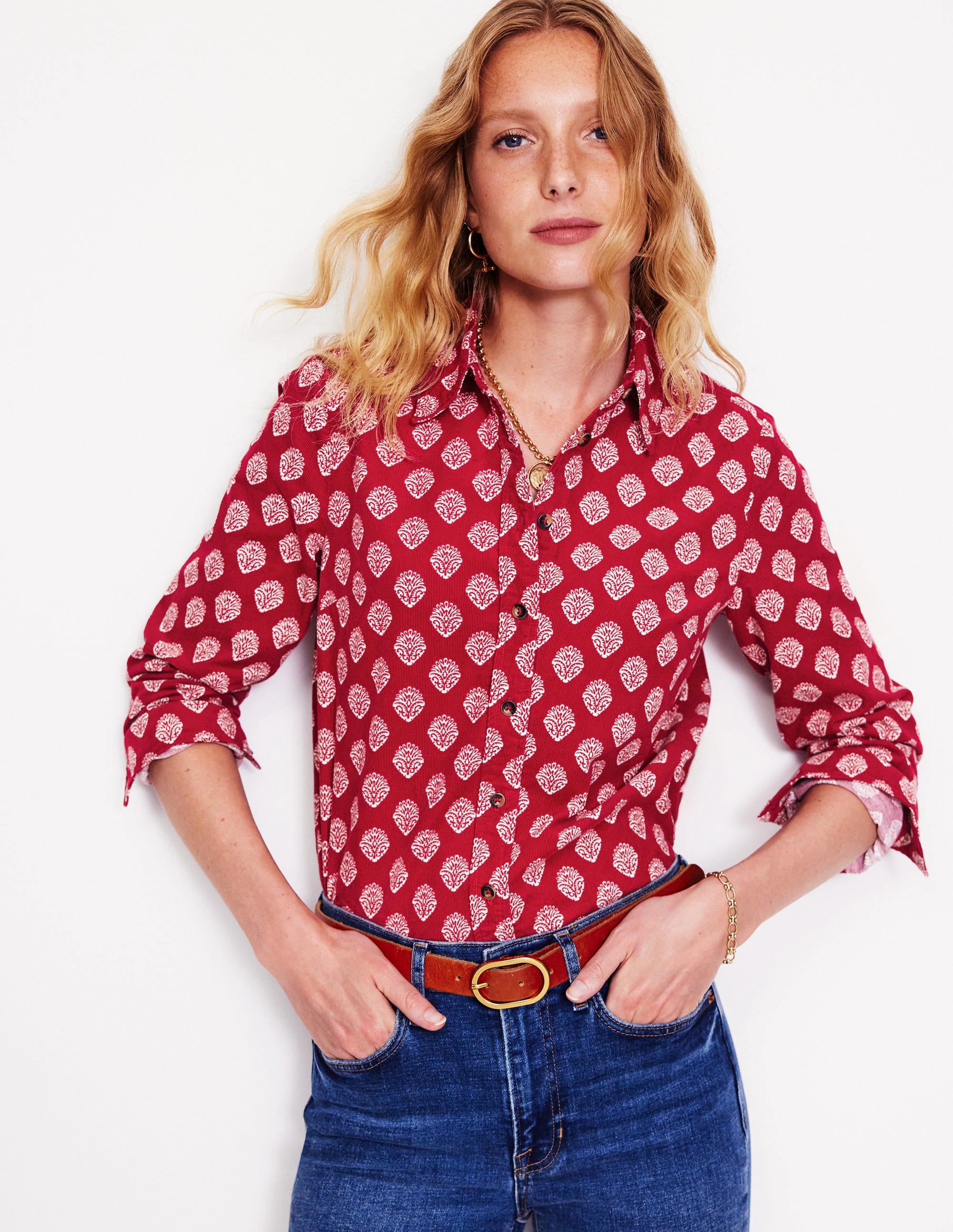 Sienna Cord Shirt-Rythmic Red, Ornate Stamp Everyday Trend