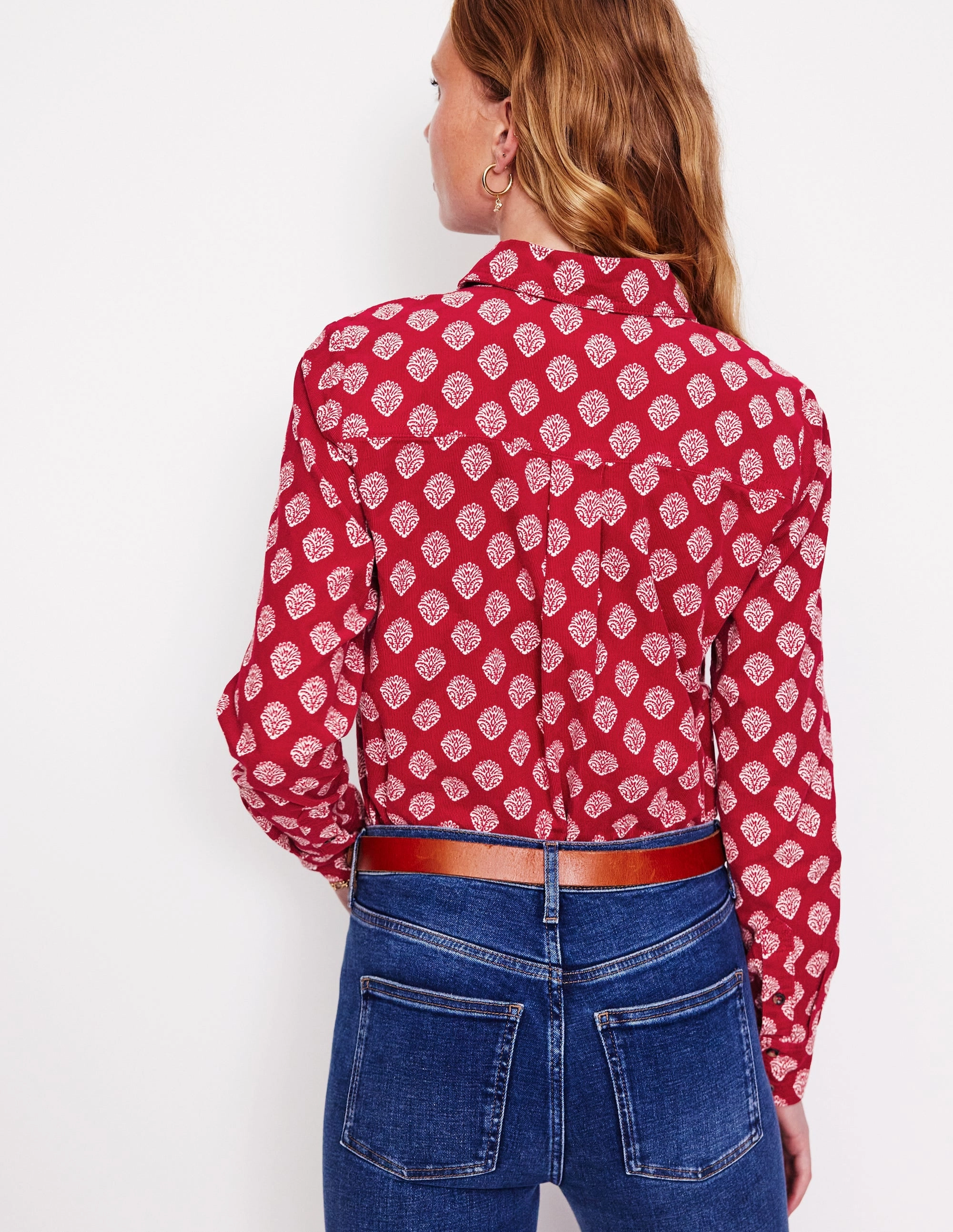 Sienna Cord Shirt-Rythmic Red, Ornate Stamp ZeroWaste Production Sleek Fit