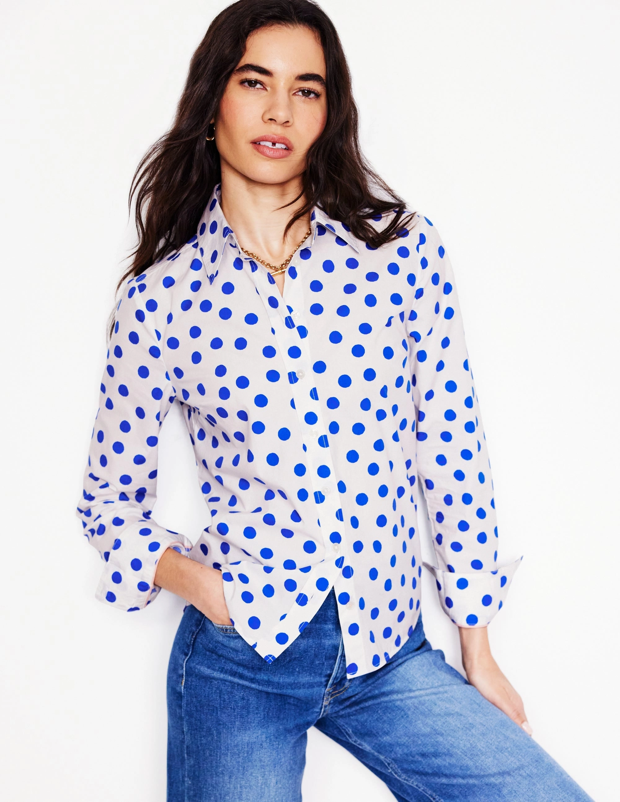 Easy-to-Style Top Sienna Cotton Shirt-Ivory, Blue Abstract Dot