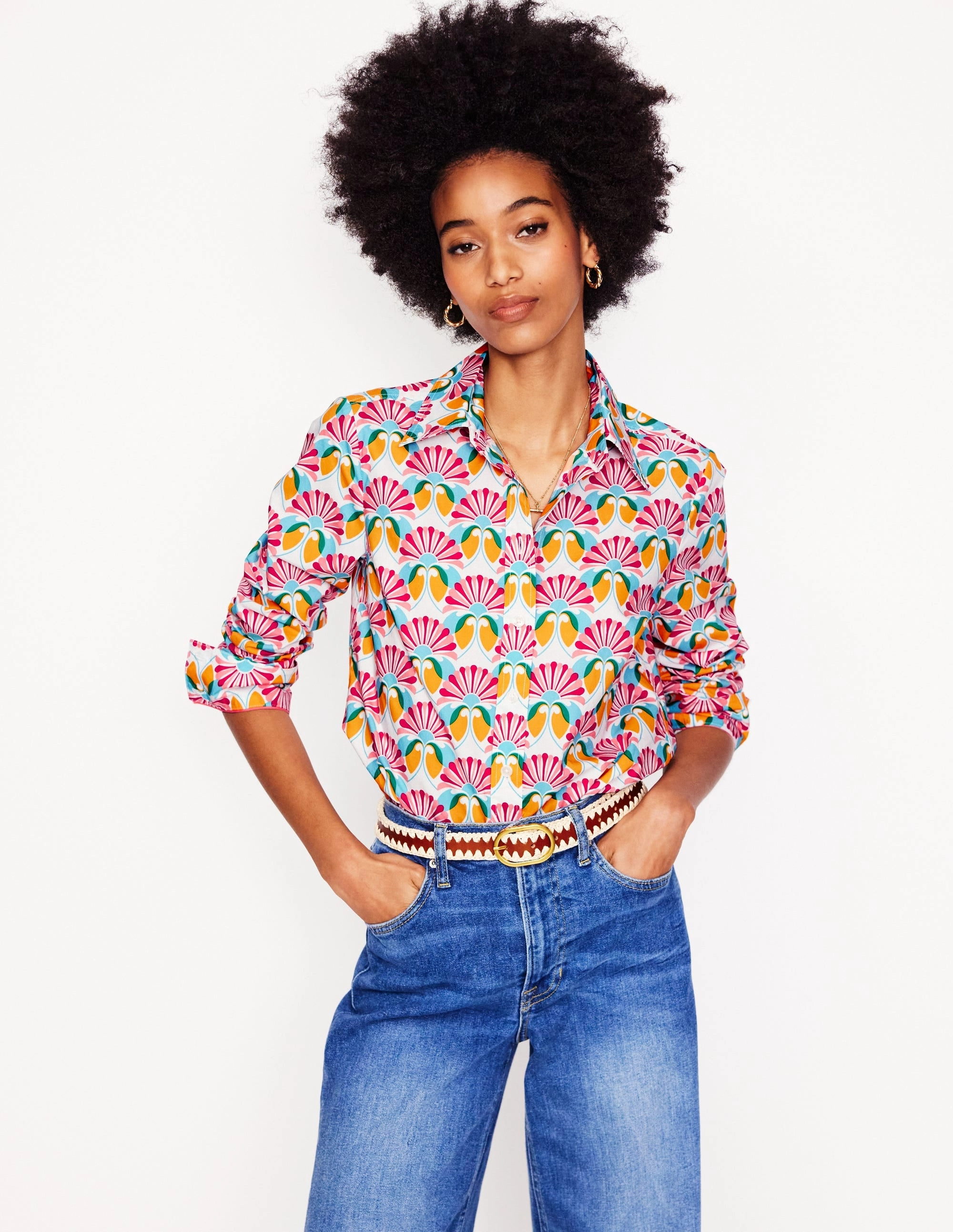 Sienna Cotton Shirt-Ivory, Daisy Bloom Geo Moisture Wicking Technology