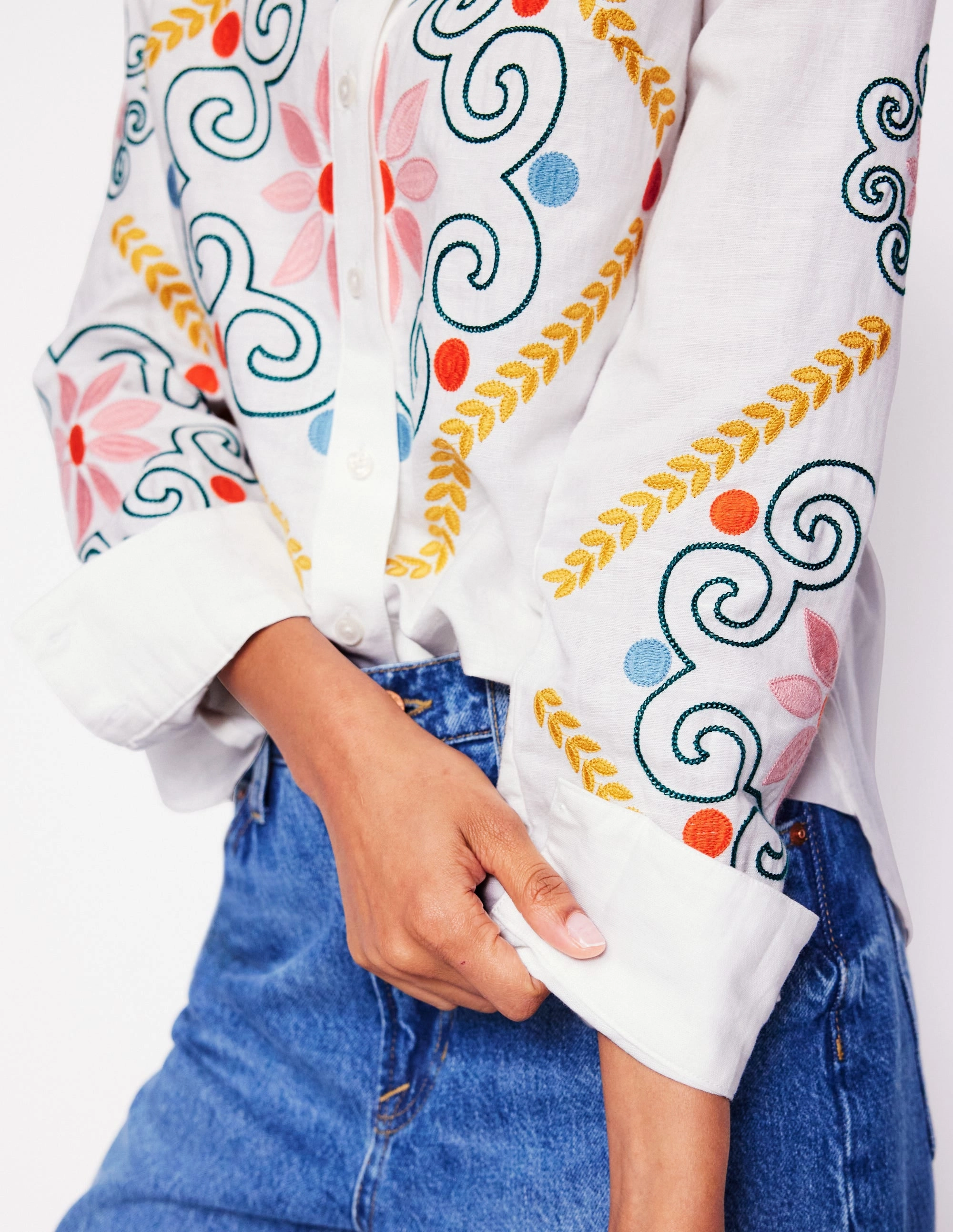 Sienna Embroidered Linen Shirt-White Contrast Inner Binding