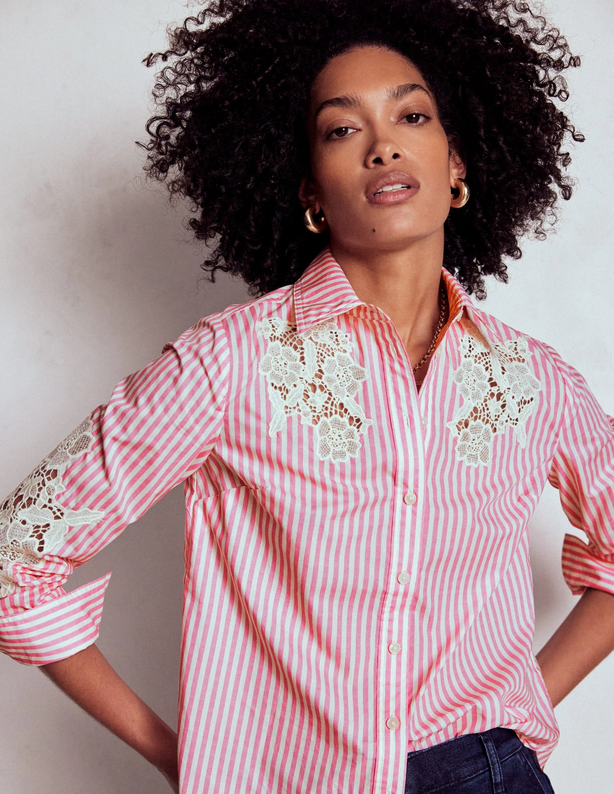 Sienna Interest Cotton Shirt-Pink and Ivory Cutwork Stripe Stylish Wearable