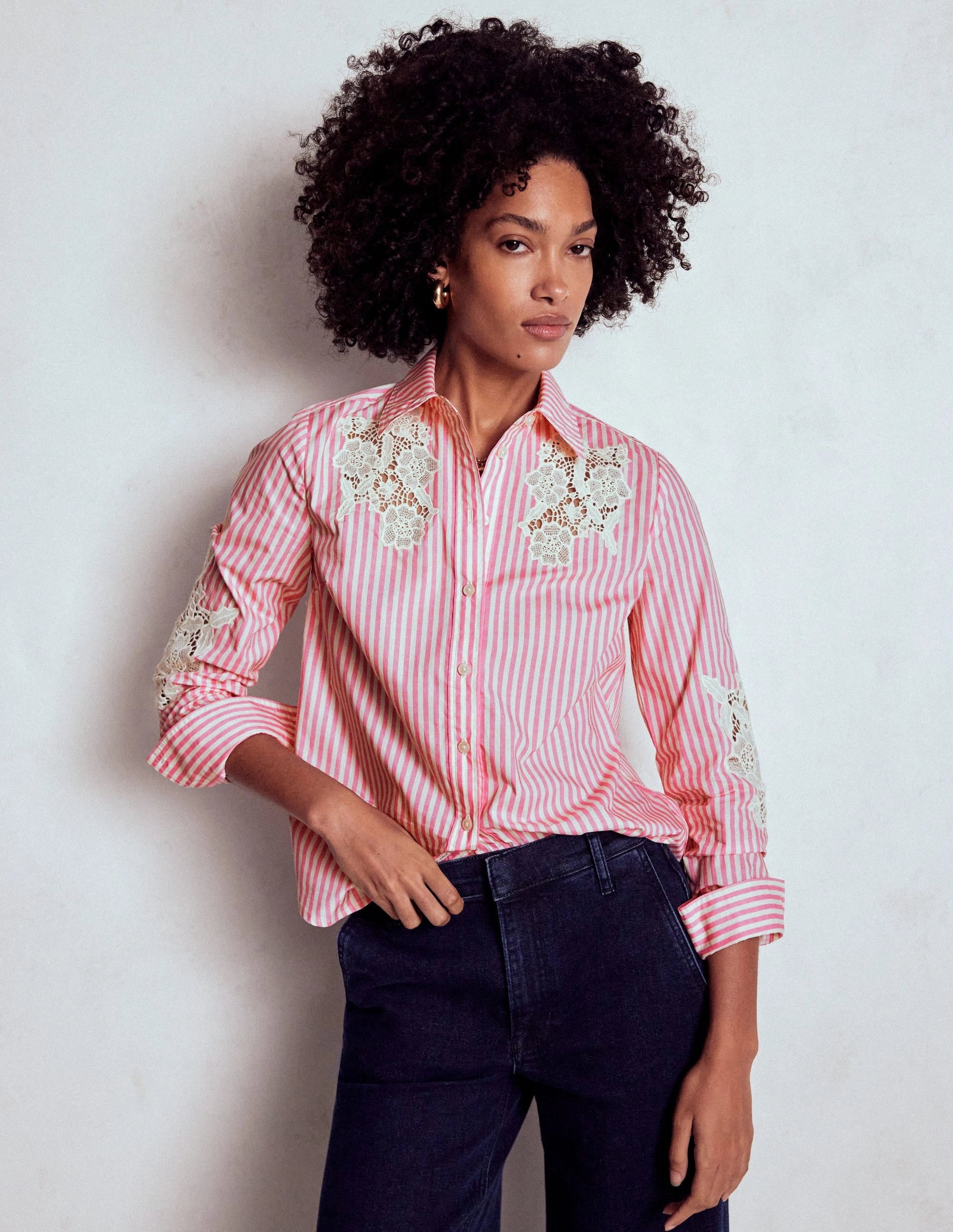 easy to pair Sienna Interest Cotton Shirt-Pink and Ivory Cutwork Stripe