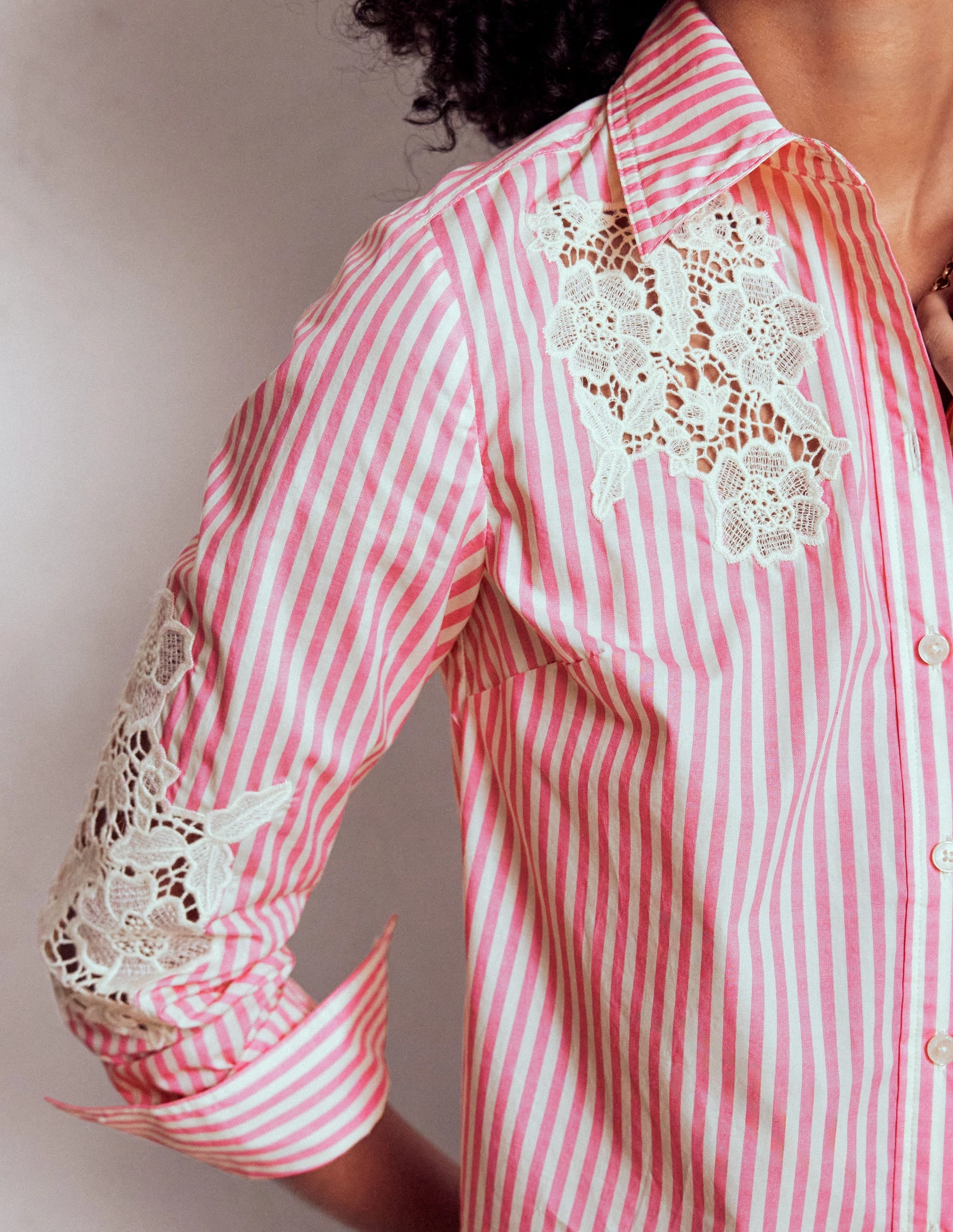 Sienna Interest Cotton Shirt-Pink and Ivory Cutwork Stripe Wrinkle Resistant Material