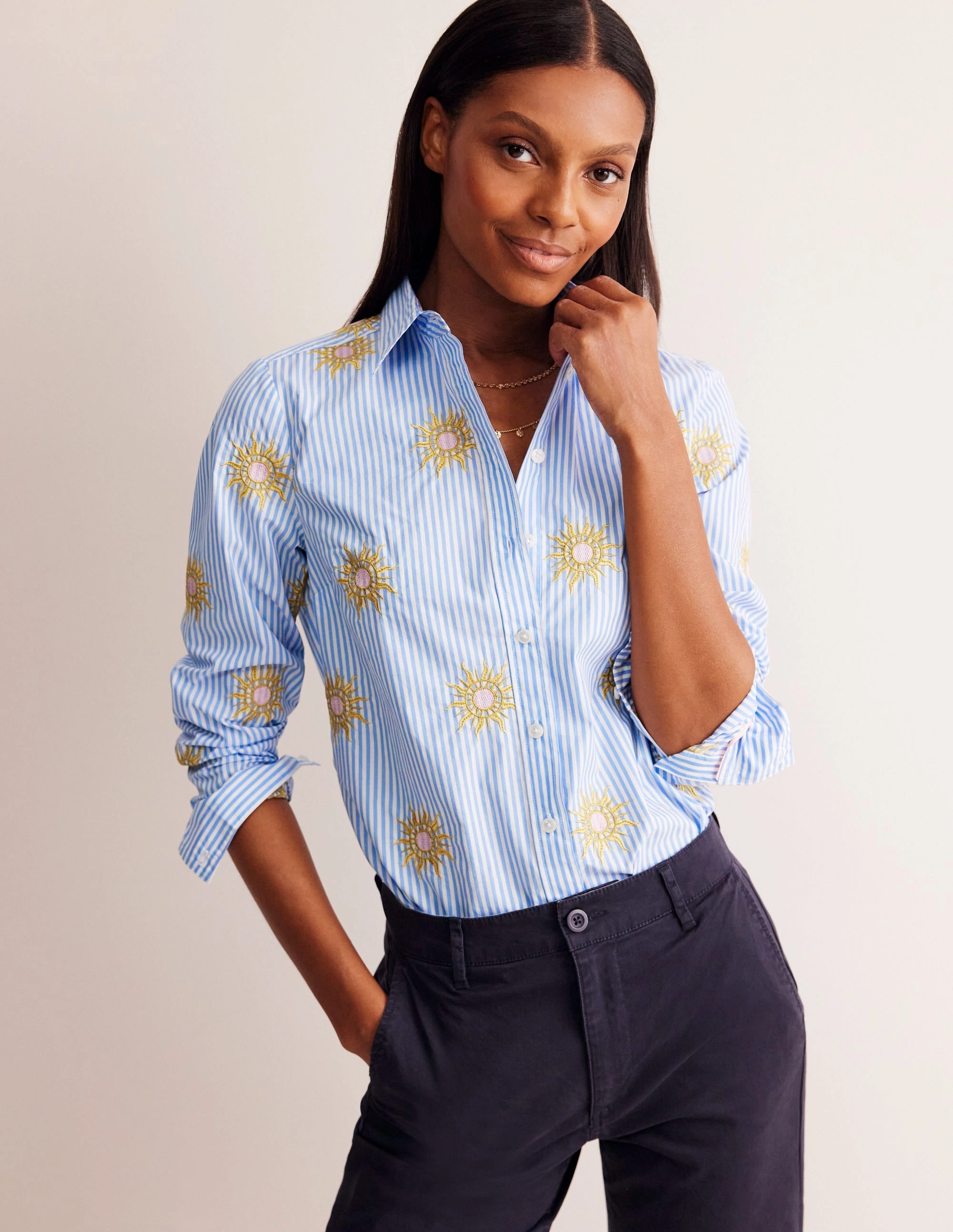 Comfort Fit Comfy Top Sienna Interest Cotton Shirt-Sun, Blue Stripe