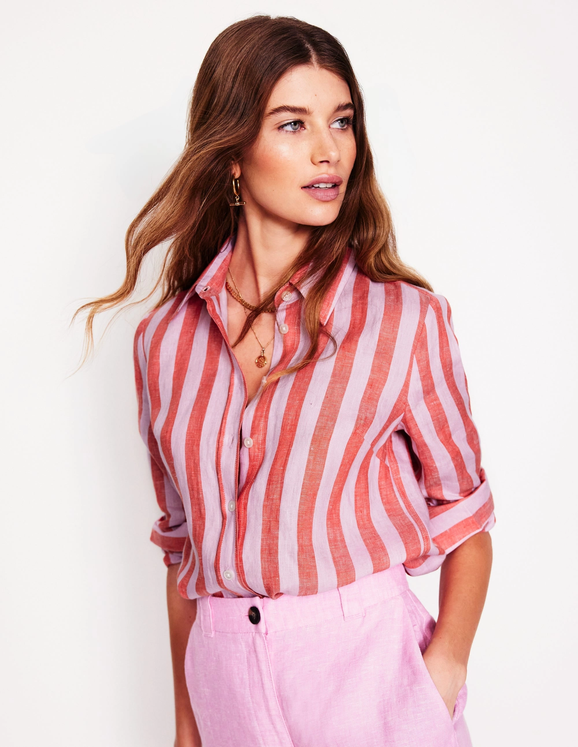 Sienna Linen Shirt-Firecracker and Pink Stripe Cozy Wardrobe Sustainable
