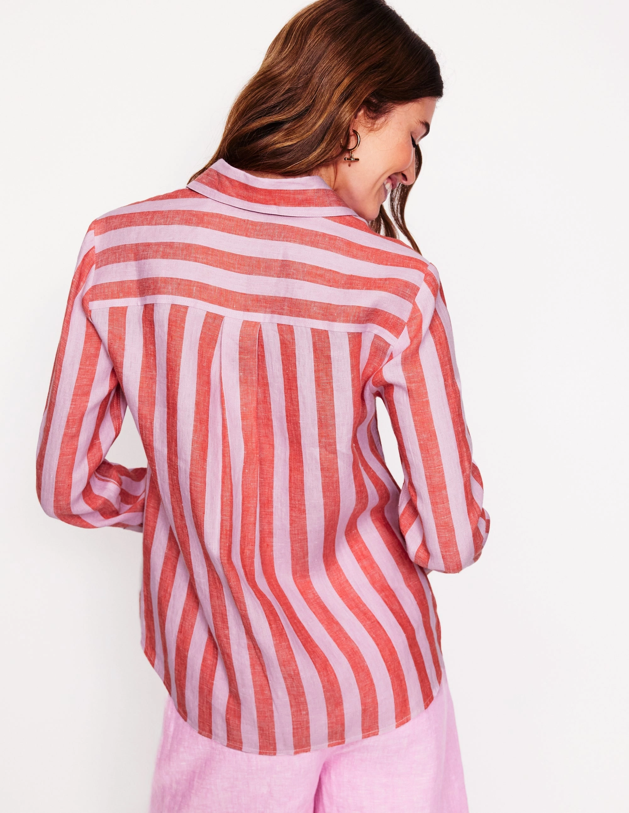 Ribbed Neckline Sienna Linen Shirt-Firecracker and Pink Stripe
