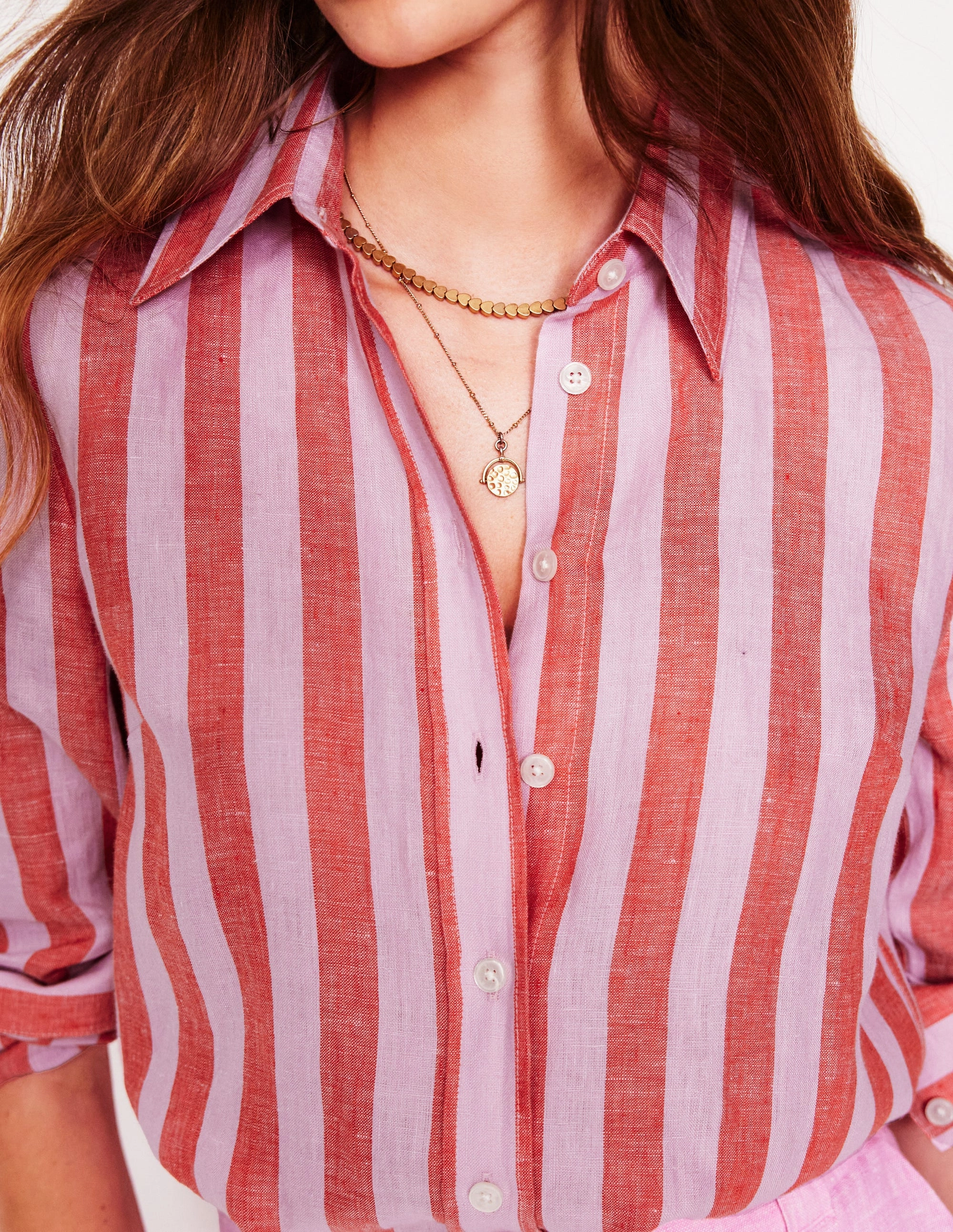 Relaxed Layers Sienna Linen Shirt-Firecracker and Pink Stripe