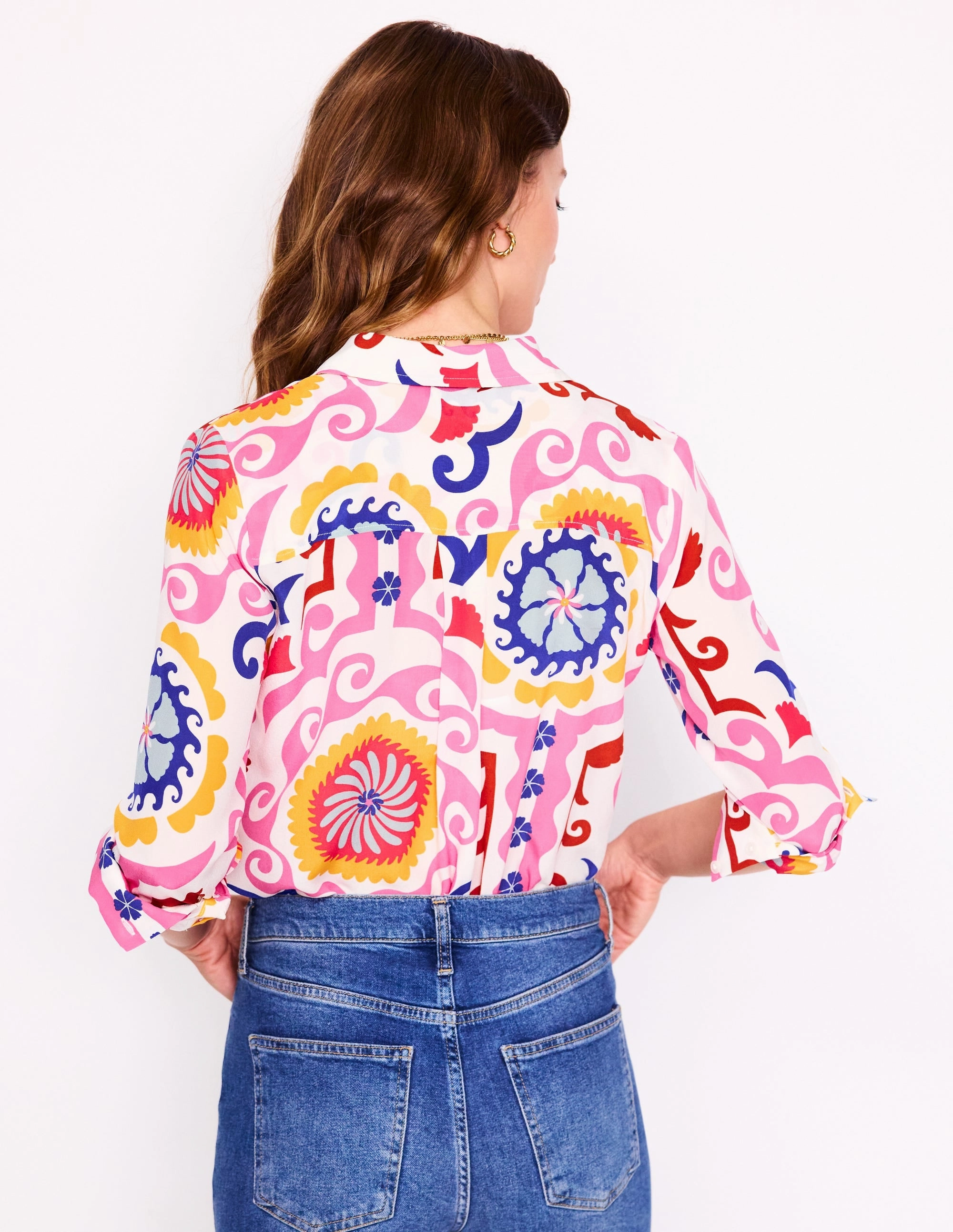 Sienna Silk Shirt-Multi, Ornamental Wave Stone Wash Process