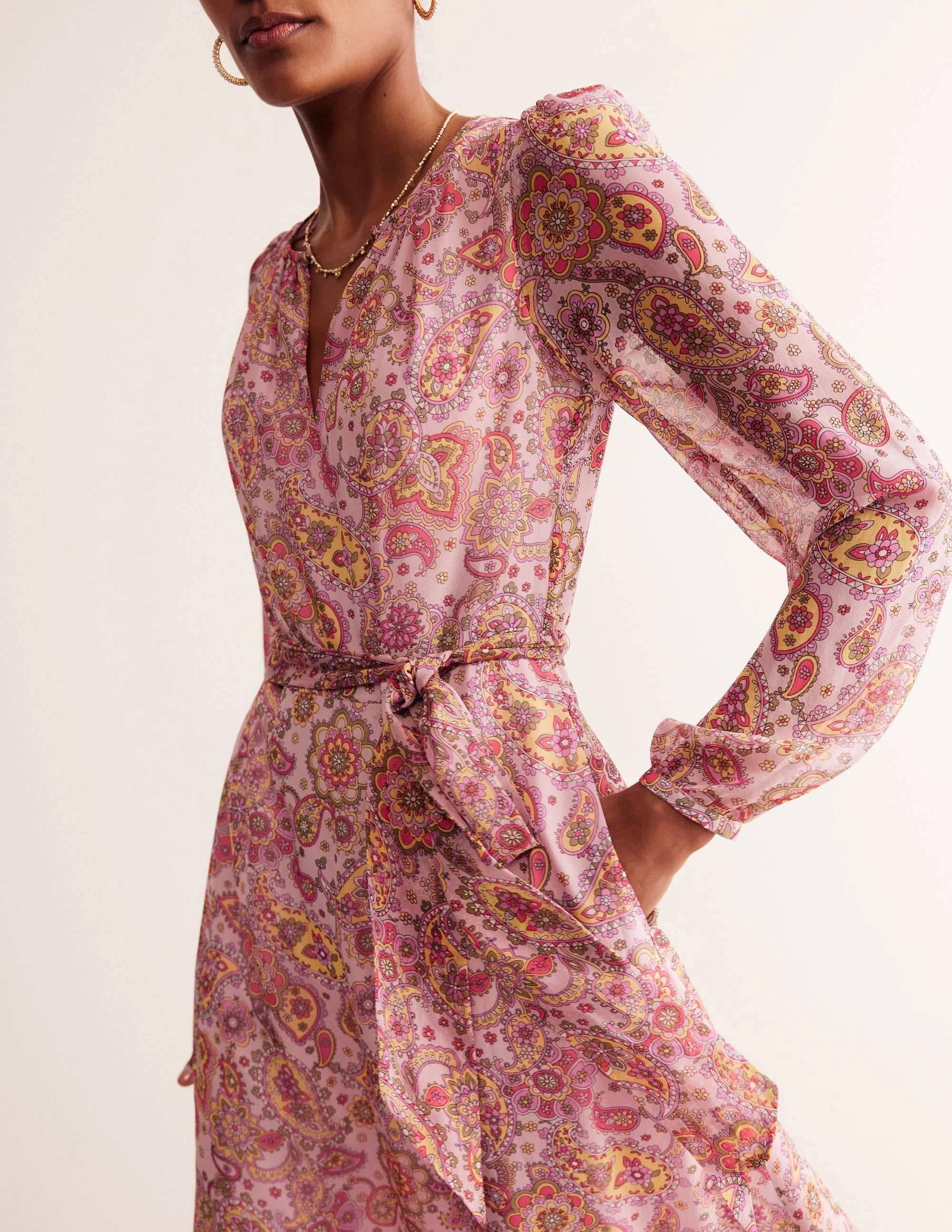 Silk Midi Blouson Sleeve Dress-Milkshake, Paisley Field Knit Cool