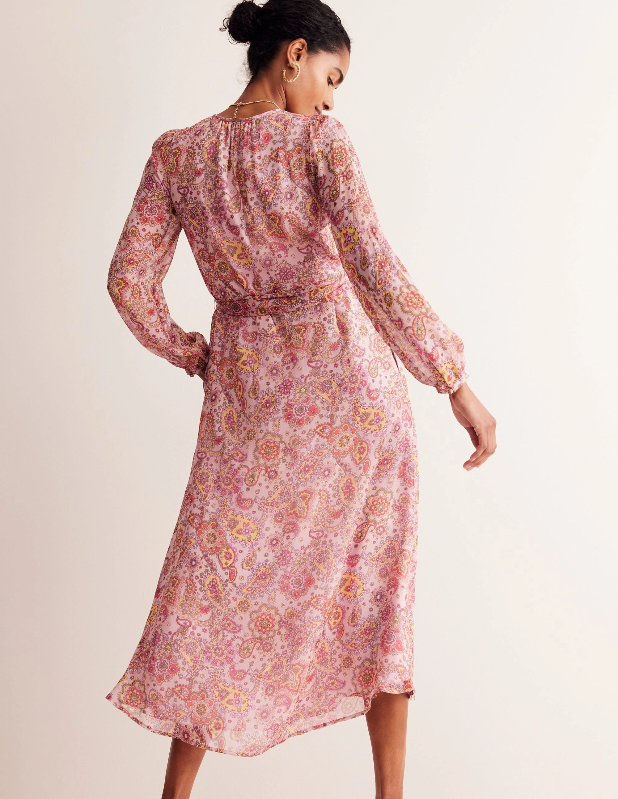 Silk Midi Blouson Sleeve Dress-Milkshake, Paisley Field Quilted-Lining