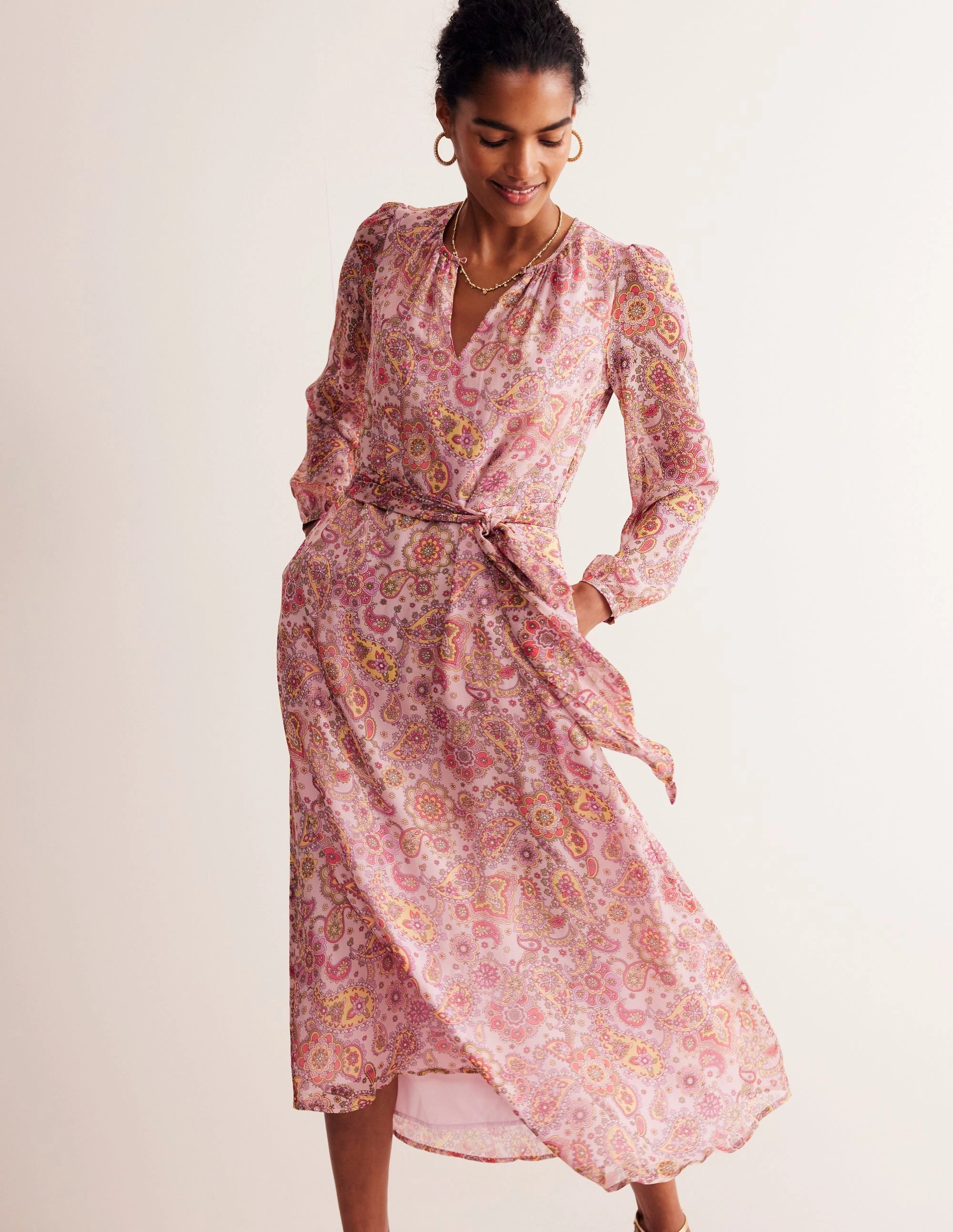 Silk Midi Blouson Sleeve Dress-Milkshake, Paisley Field Stream Cut All Inclusive