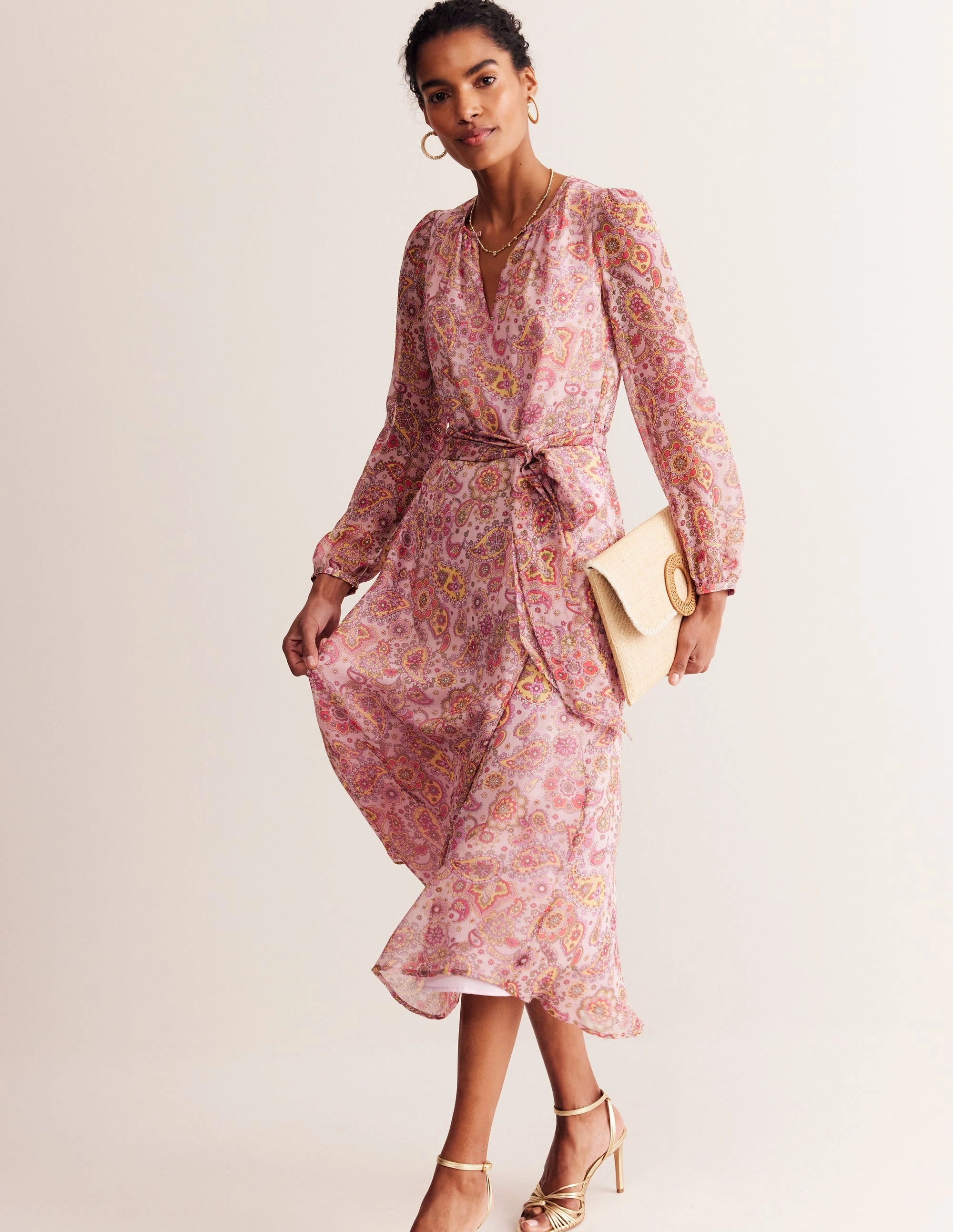 Party Floral Silk Midi Blouson Sleeve Dress-Milkshake, Paisley Field