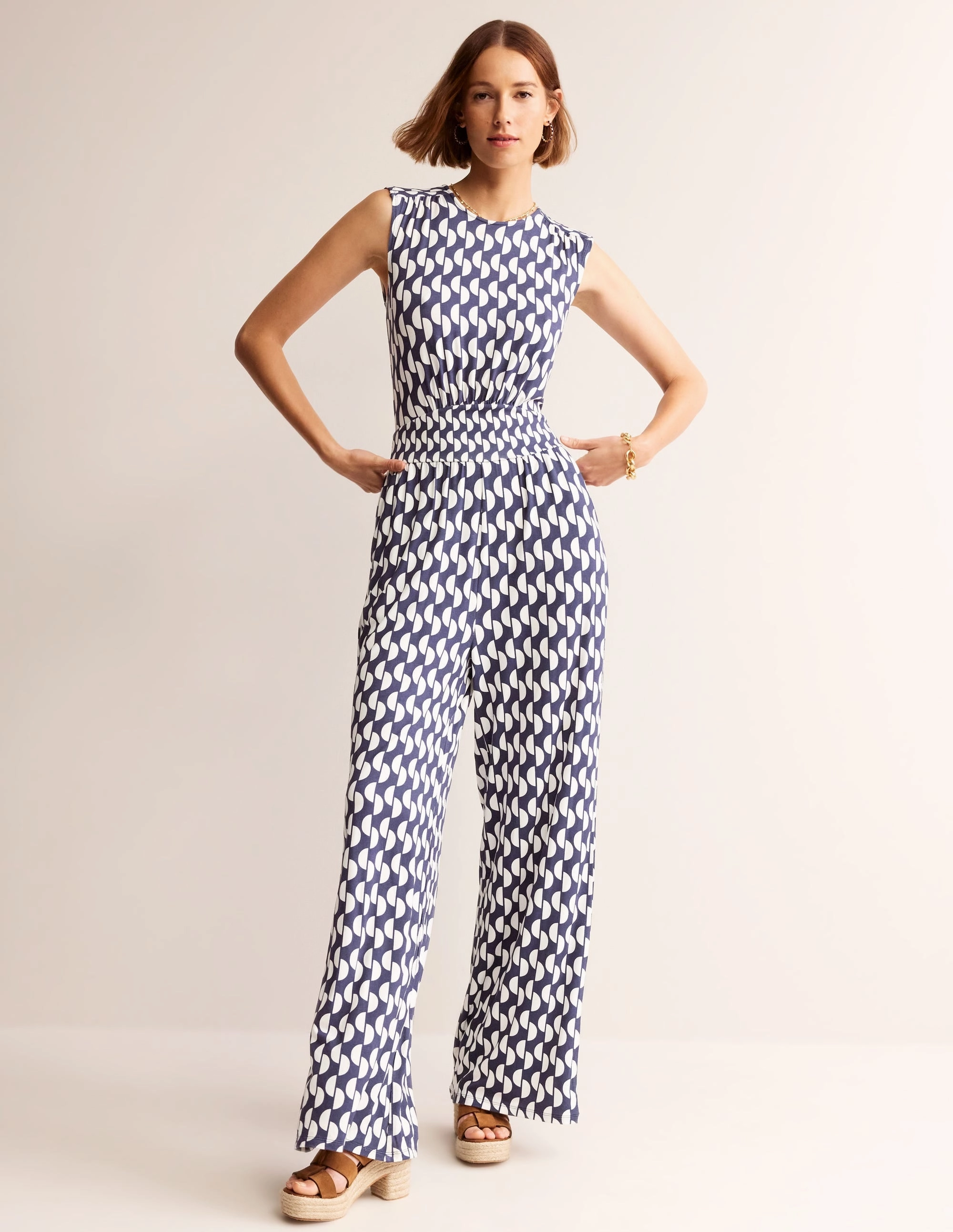 Thea Jersey Jumpsuit-Navy, Geo Wave Short Sleeve Contemporary Wear