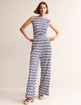 Thea Jersey Jumpsuit-Navy, Geo Wave Short Sleeve Contemporary Wear