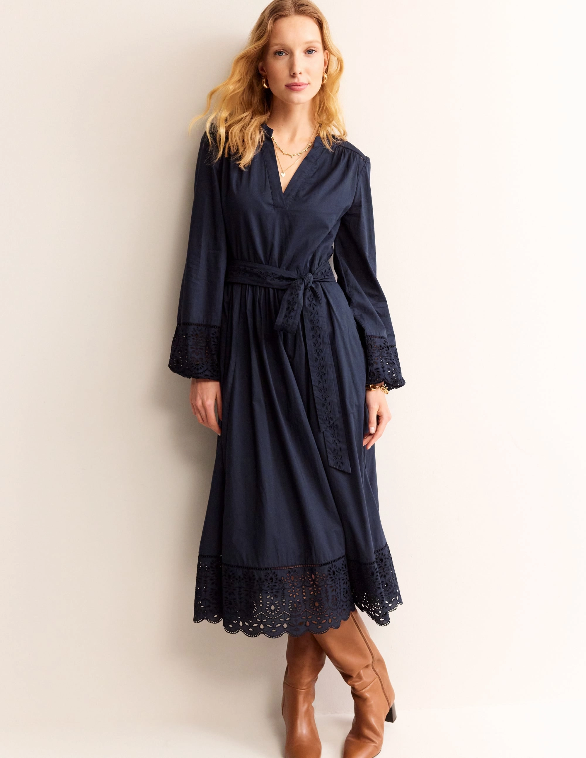 Chic formal attire Comfortable outdoor wear Jen Broderie Cotton Midi Dress-Navy