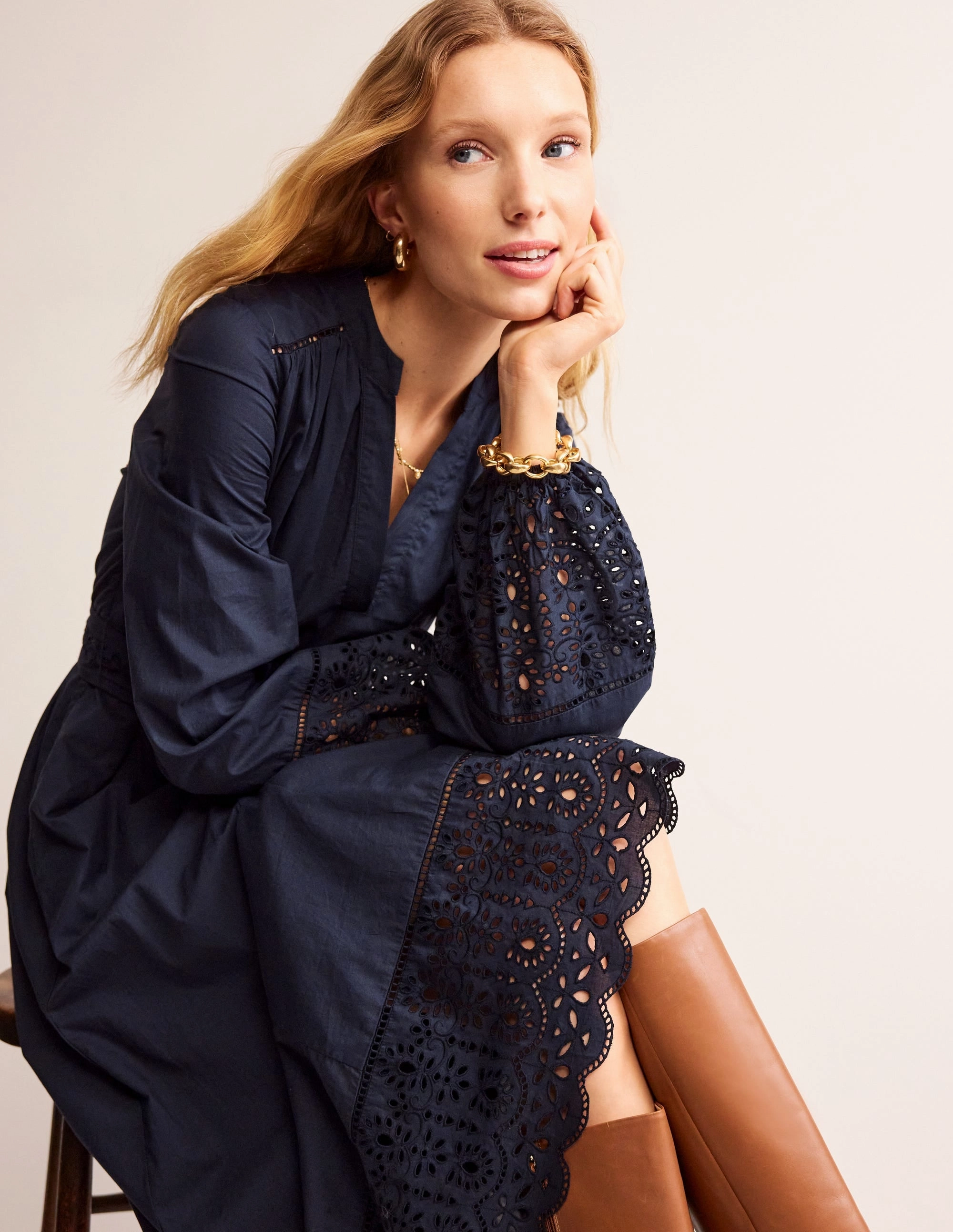 Flexible Layers Jen Broderie Cotton Midi Dress-Navy