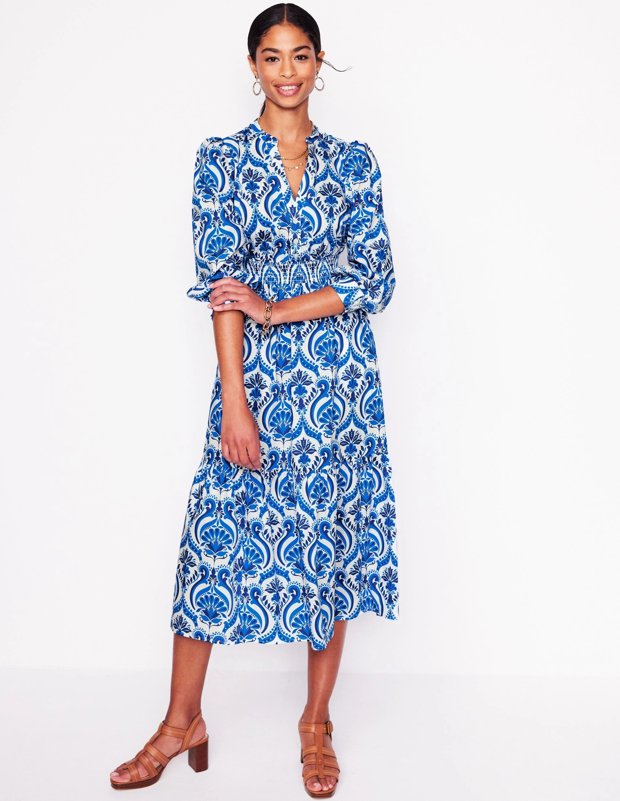 Elena Tiered Cotton Midi Dress-Blue, Ornamental Floral Unique Cut