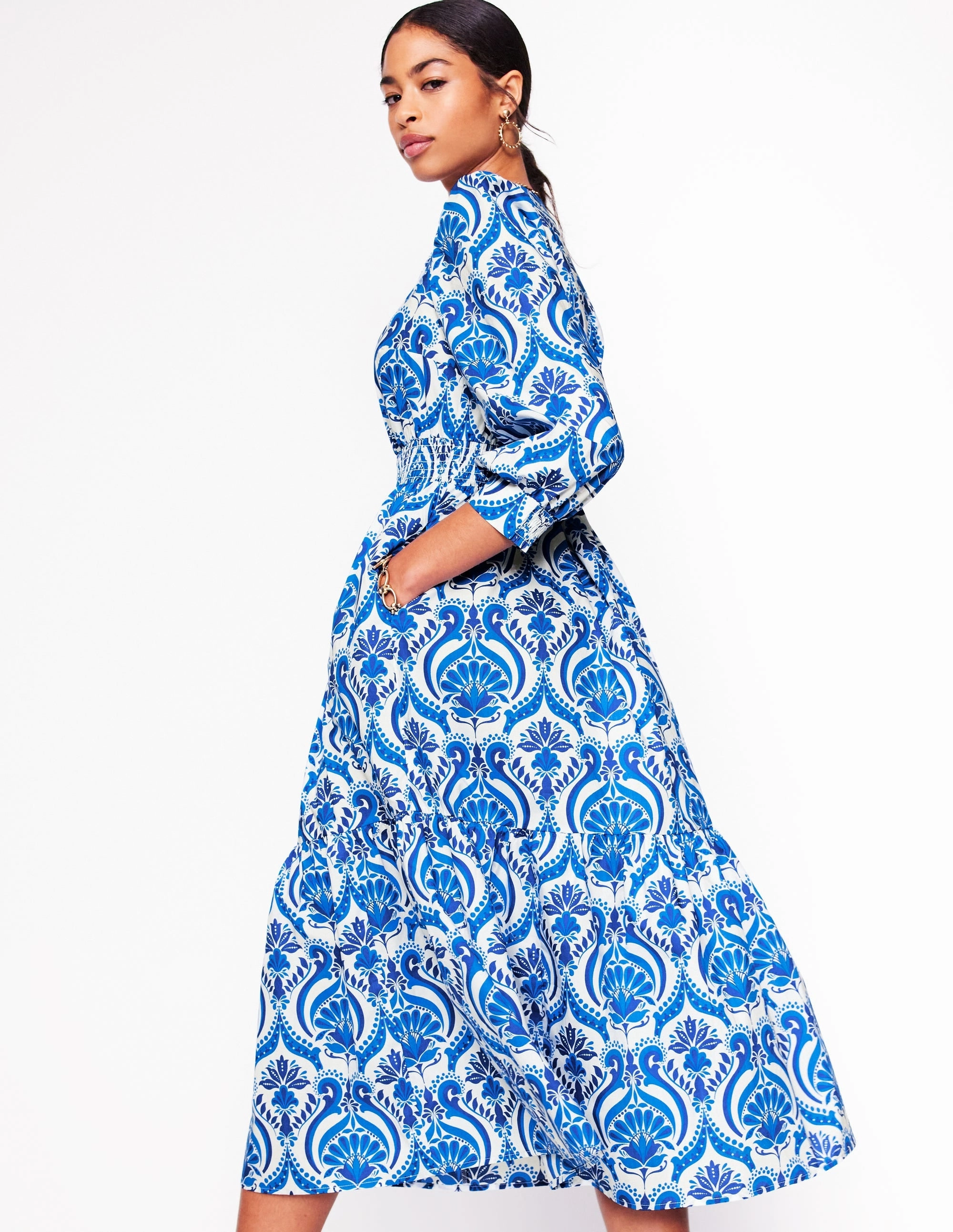 Elena Tiered Cotton Midi Dress-Blue, Ornamental Floral Chic and Elegant Fashion-forward day dress