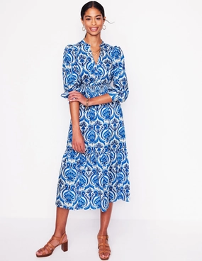 Elena Tiered Cotton Midi Dress-Blue, Ornamental Floral Unique Cut