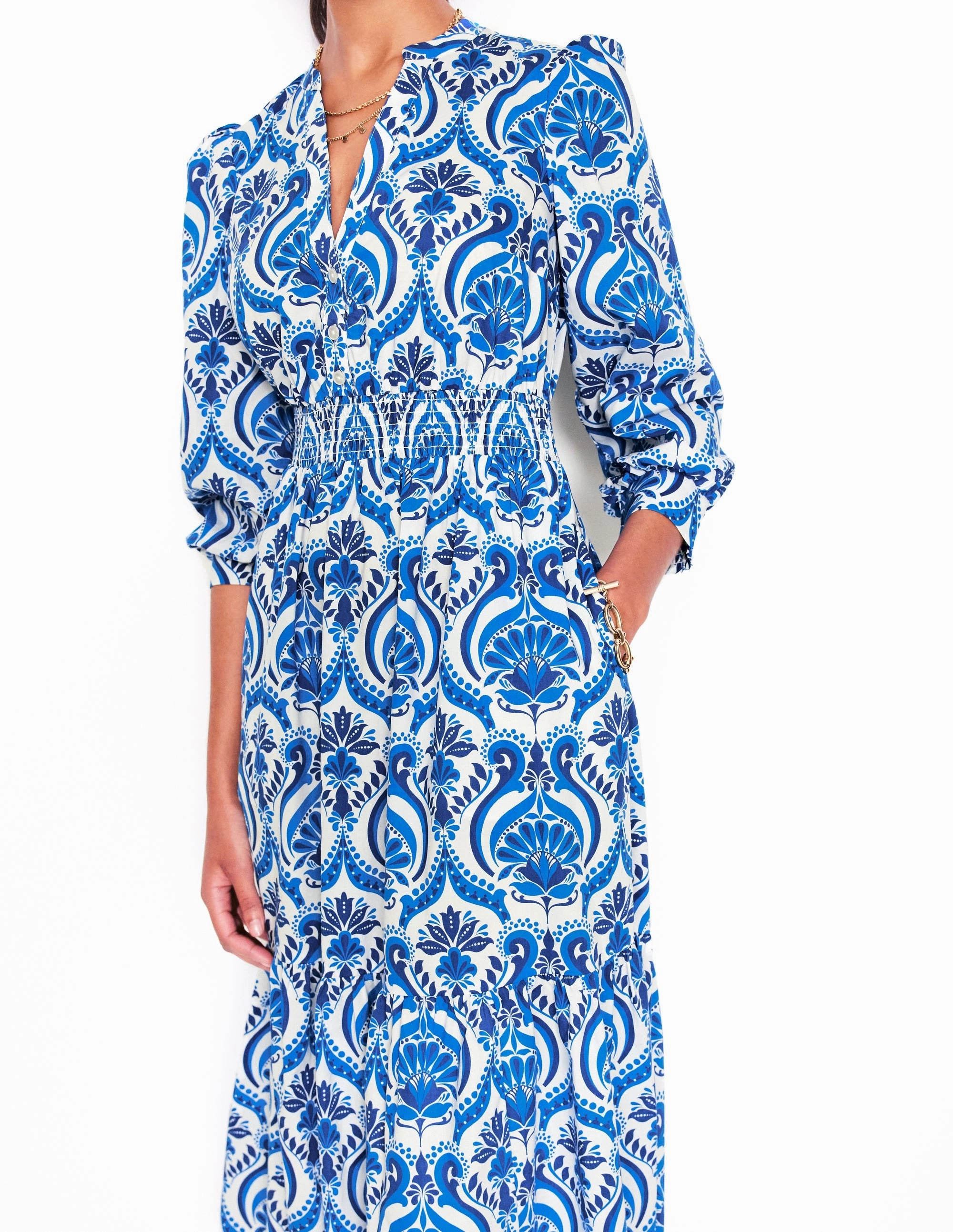 Elena Tiered Cotton Midi Dress-Blue, Ornamental Floral Subtle Fit Form Fitting