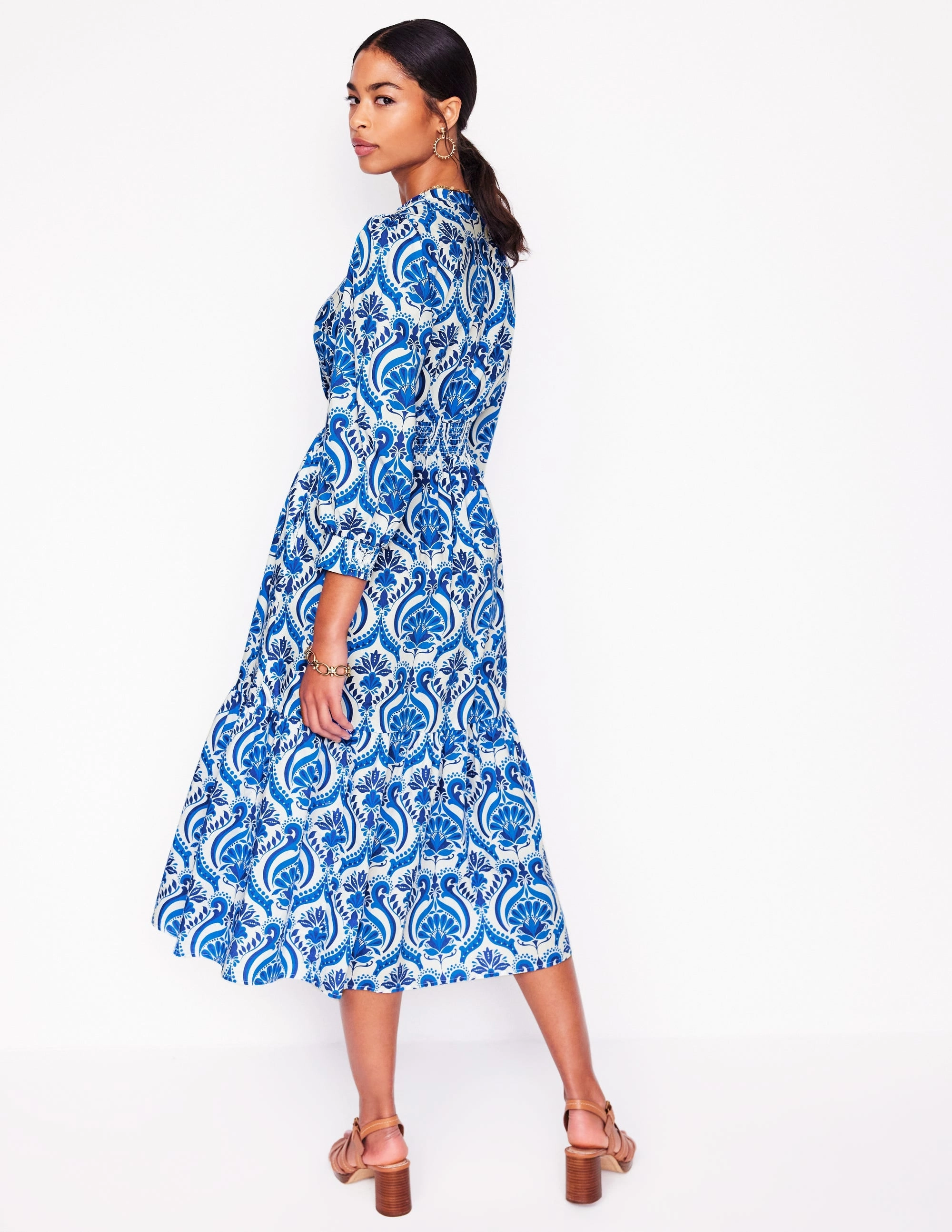 Chic and Cozy Wear Elena Tiered Cotton Midi Dress-Blue, Ornamental Floral