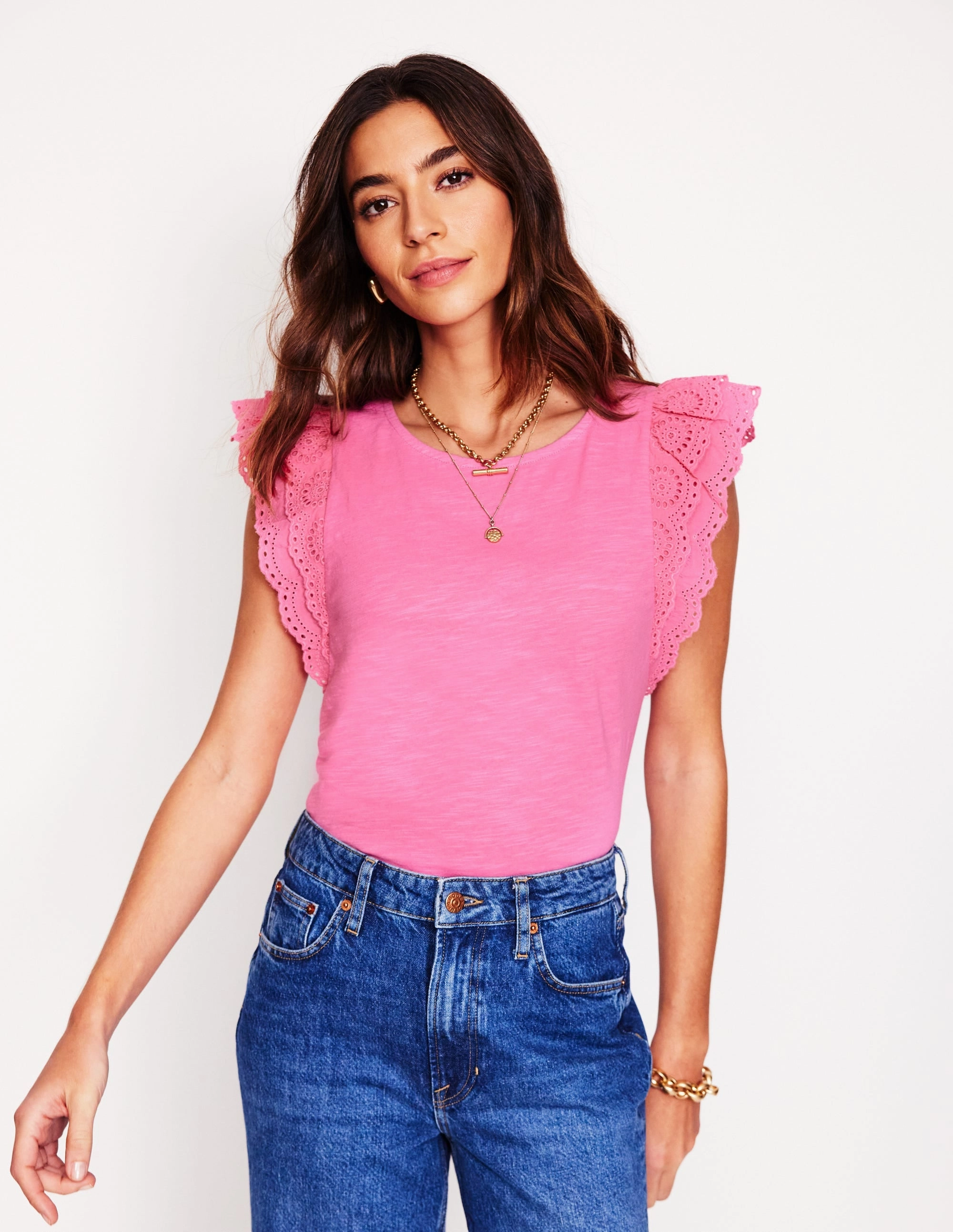 Belle Broderie Sleeve Top-Pink Rose Athletic Comfort Wear