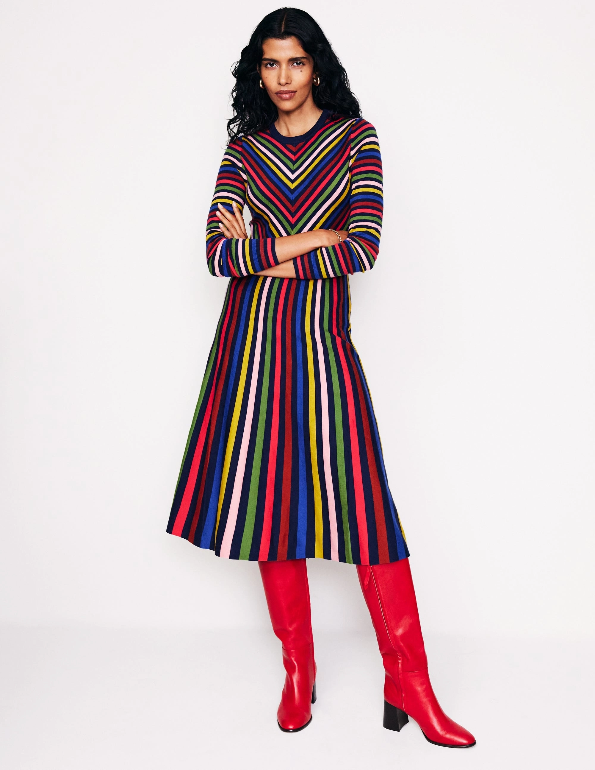 Maria Knitted Midi Dress-Multistripe Shiny surface Layered Style