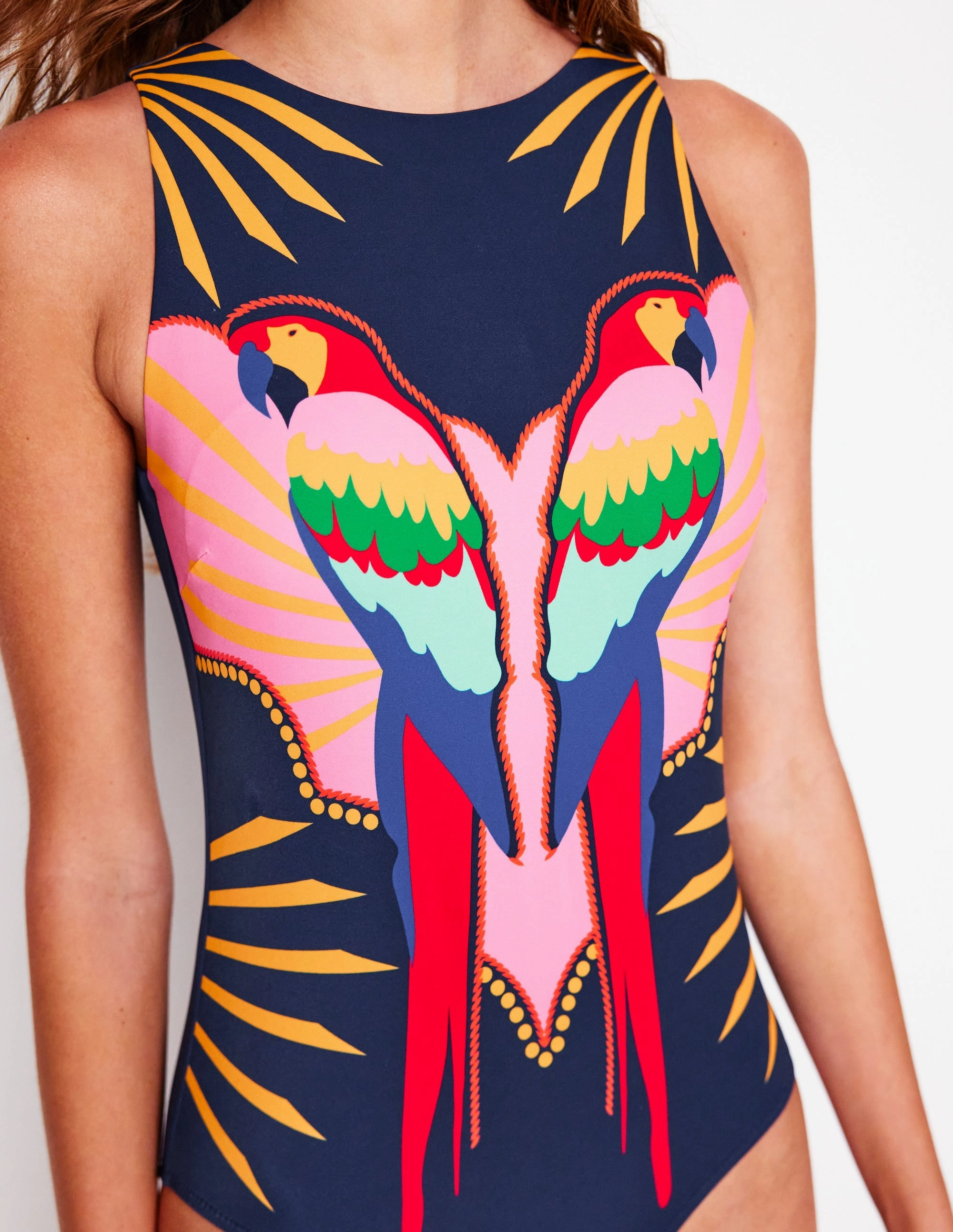 Seamless Fit Slash Neck Tie Swimsuit-Navy Paradise Parrot