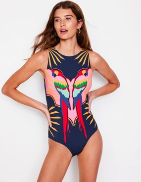 Ruffled edge Slash Neck Tie Swimsuit-Navy Paradise Parrot
