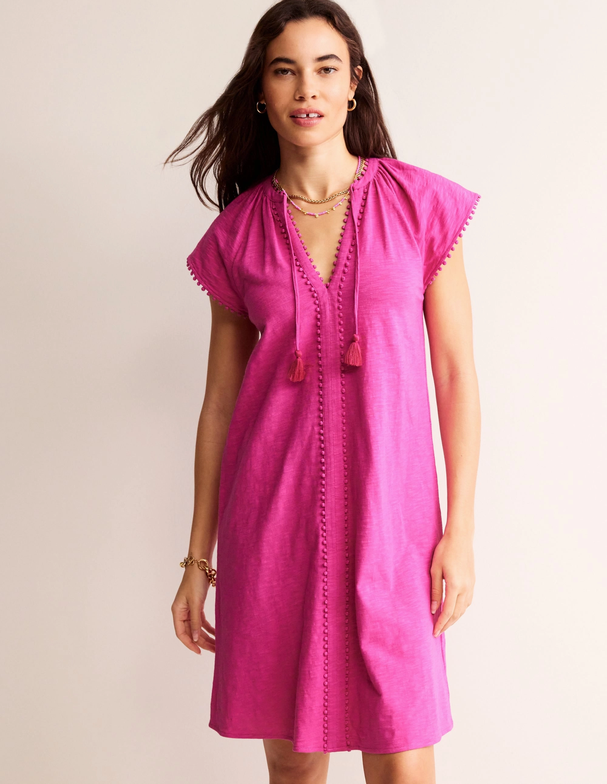 Millie Pom Cotton Dress-Rose Violet Minimalist Waistband Perfect Wearable