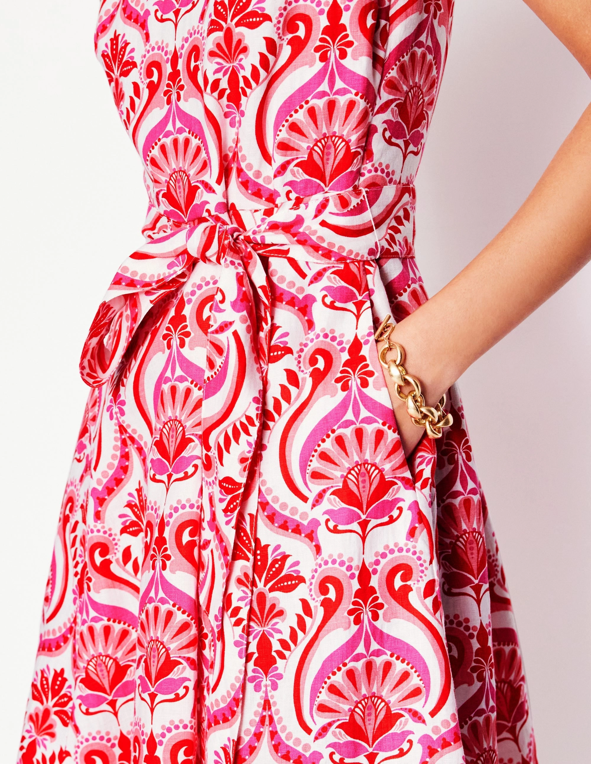 Emerging-Brand Anya Sleeveless Linen Dress-Poppy Red, Ornamental Floral