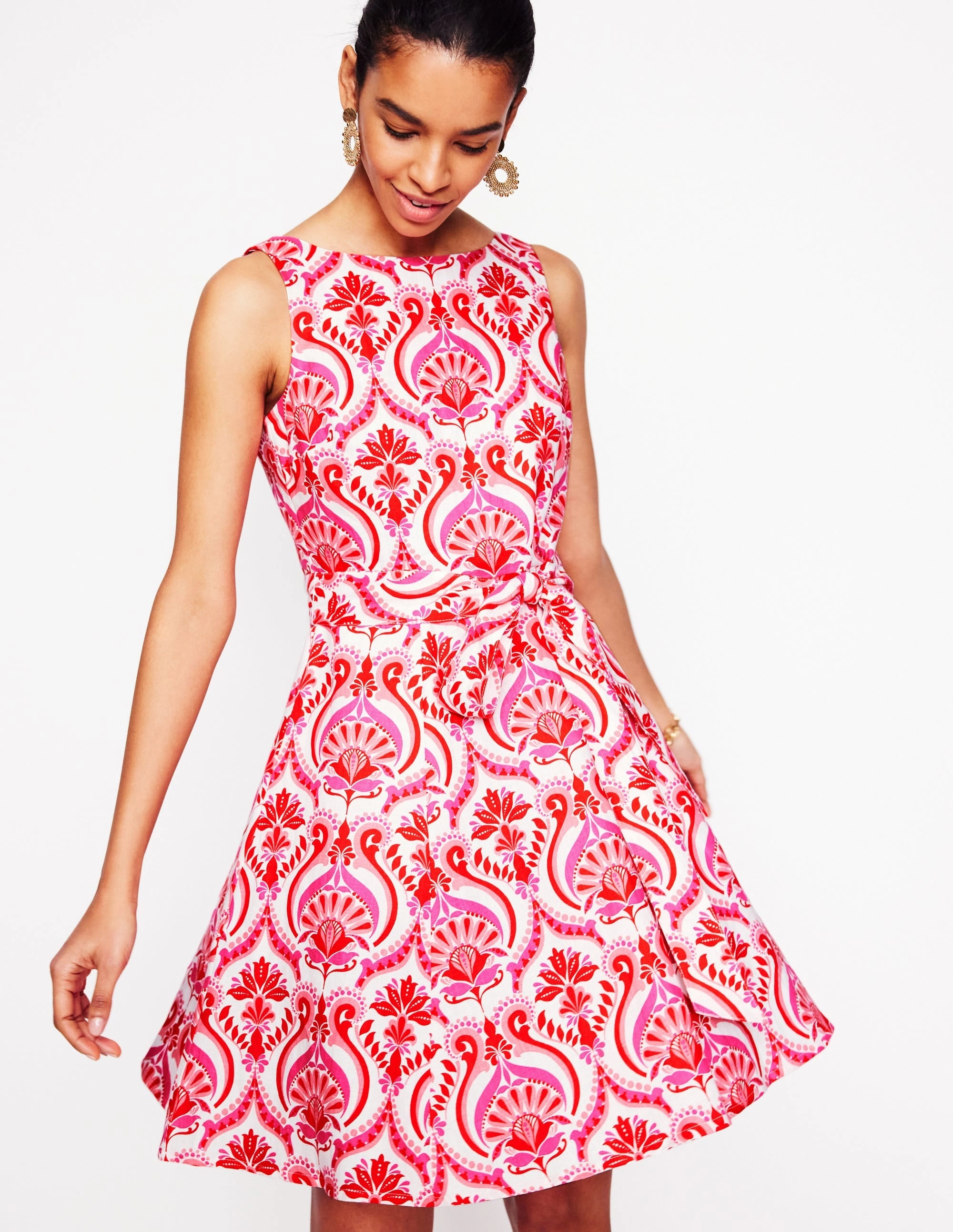 Easy Tones Pure Tone Anya Sleeveless Linen Dress-Poppy Red, Ornamental Floral