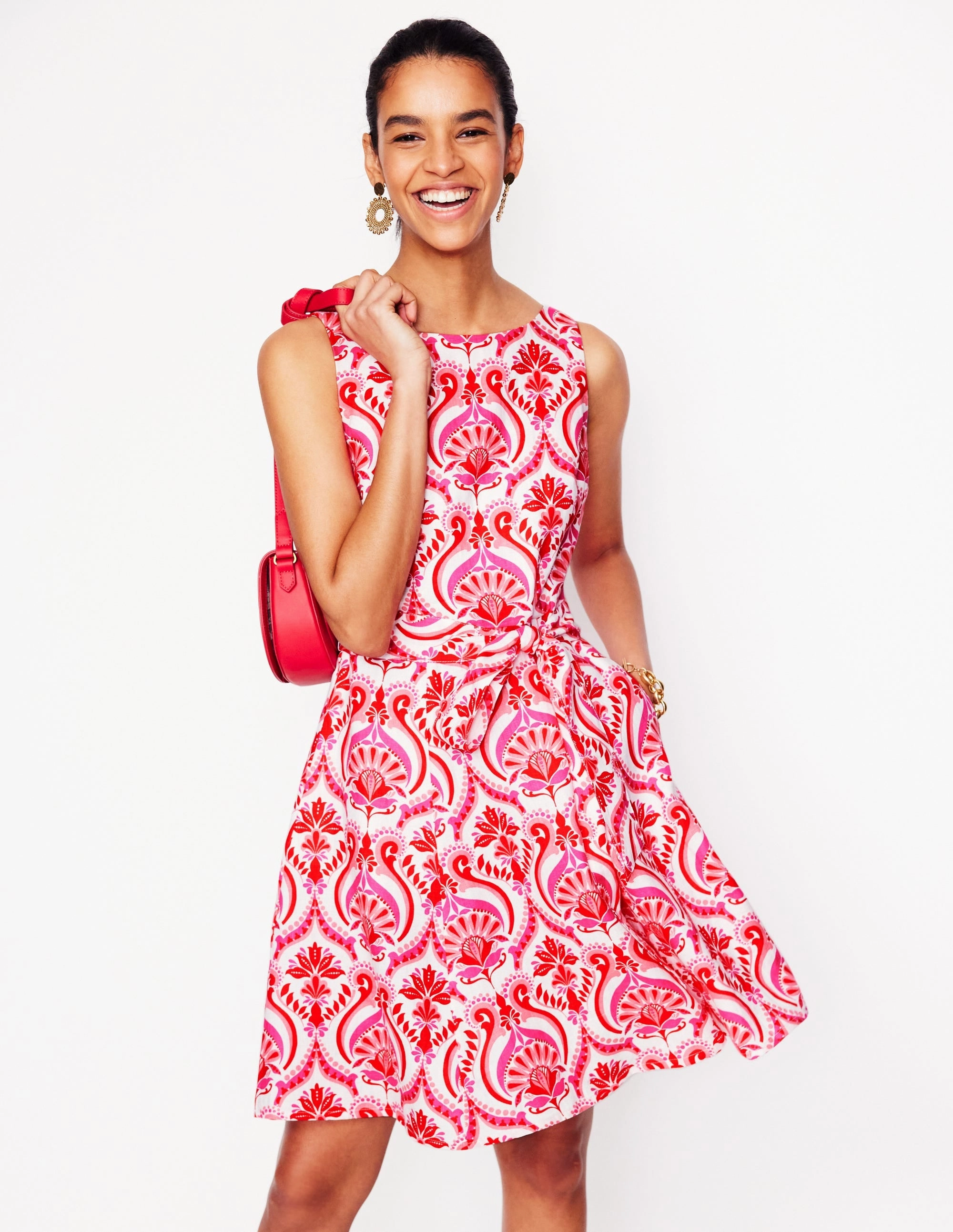 Cozy Comfort Layered Form Anya Sleeveless Linen Dress-Poppy Red, Ornamental Floral