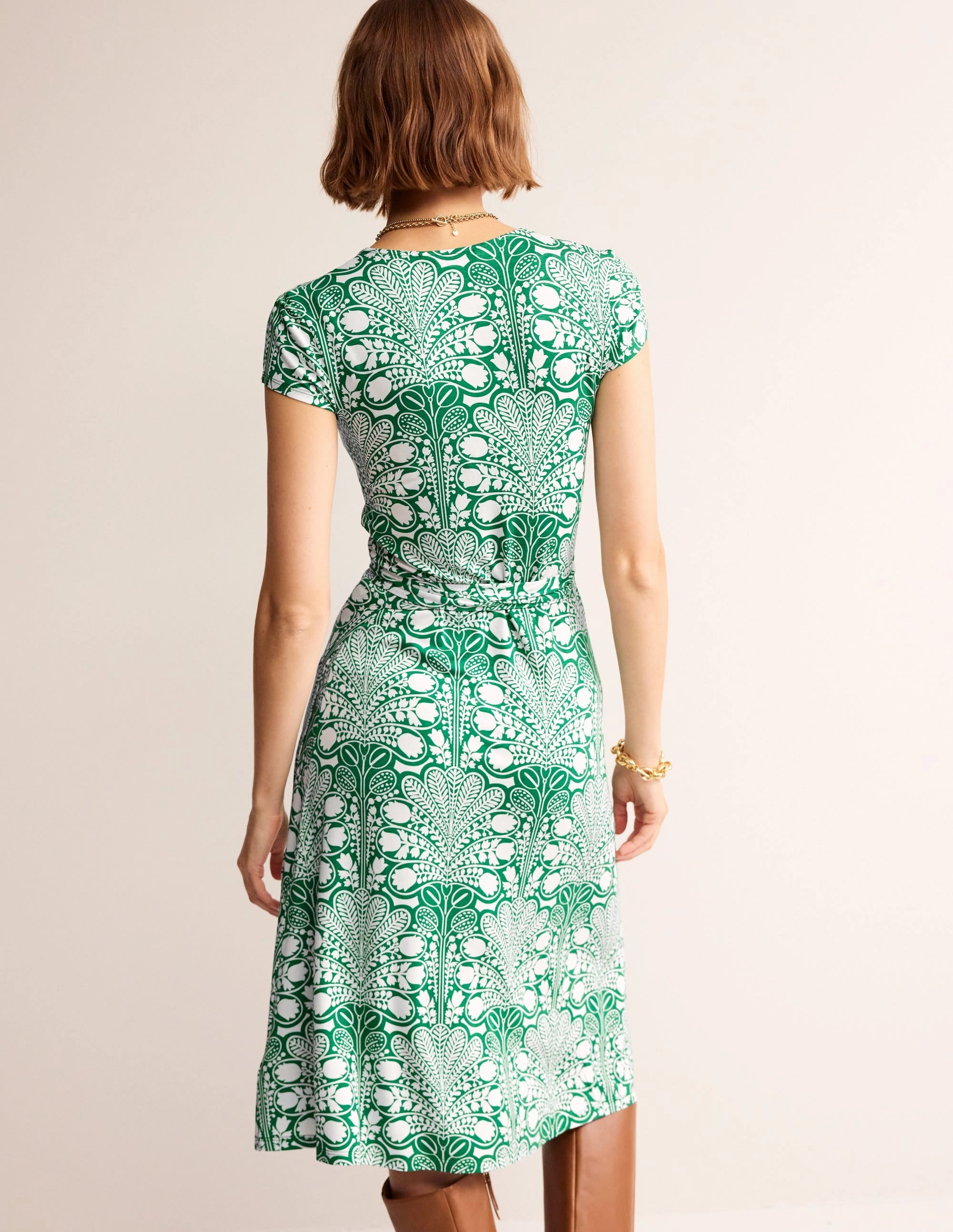 Joanna Cap Sleeve Wrap Dress-Green, Gardenia Swirl DurableStitching