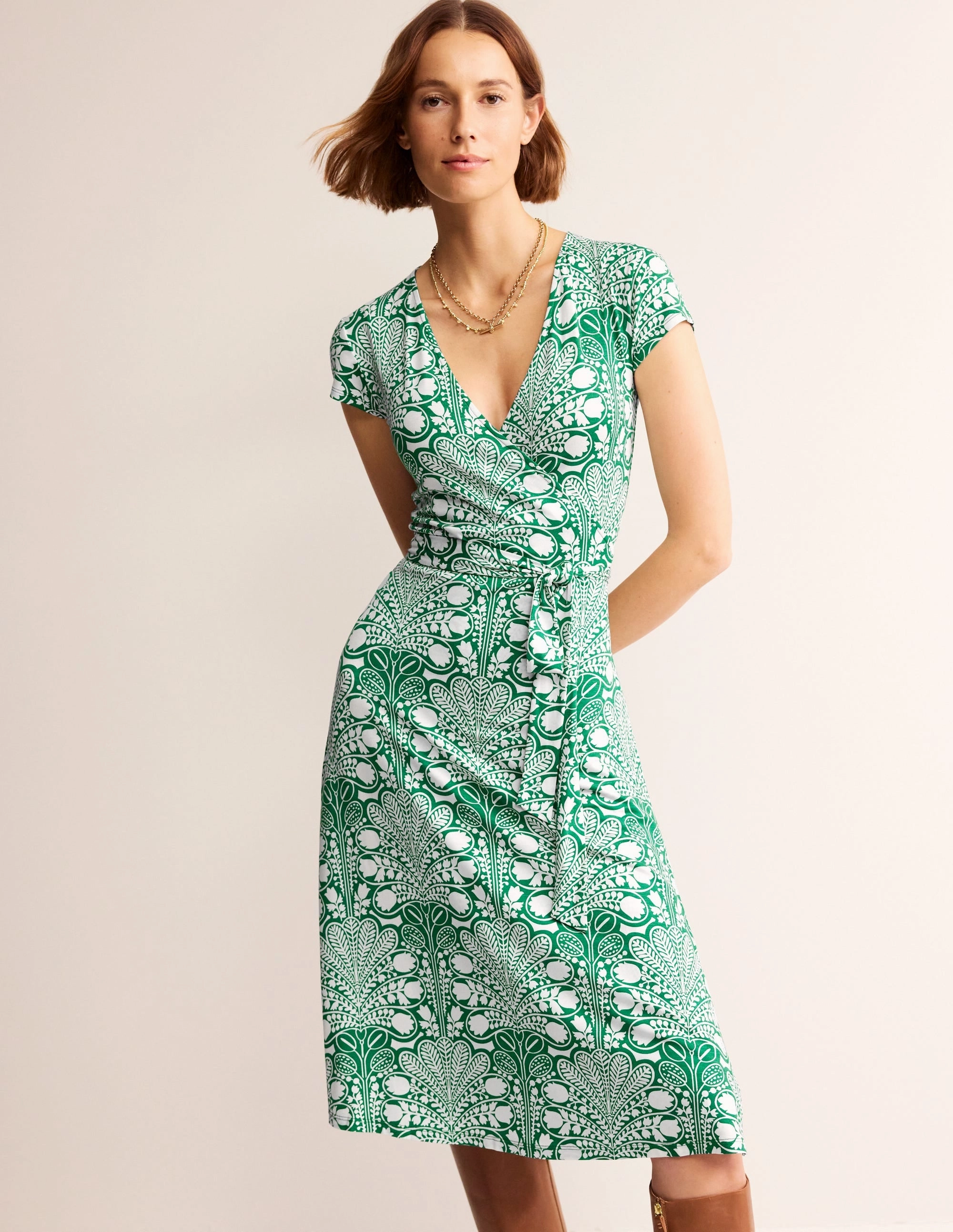 Joanna Cap Sleeve Wrap Dress-Green, Gardenia Swirl Everyday-Comfort SoftTouchTexture
