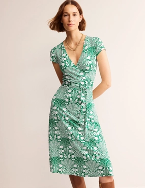 Joanna Cap Sleeve Wrap Dress-Green, Gardenia Swirl Everyday-Comfort SoftTouchTexture