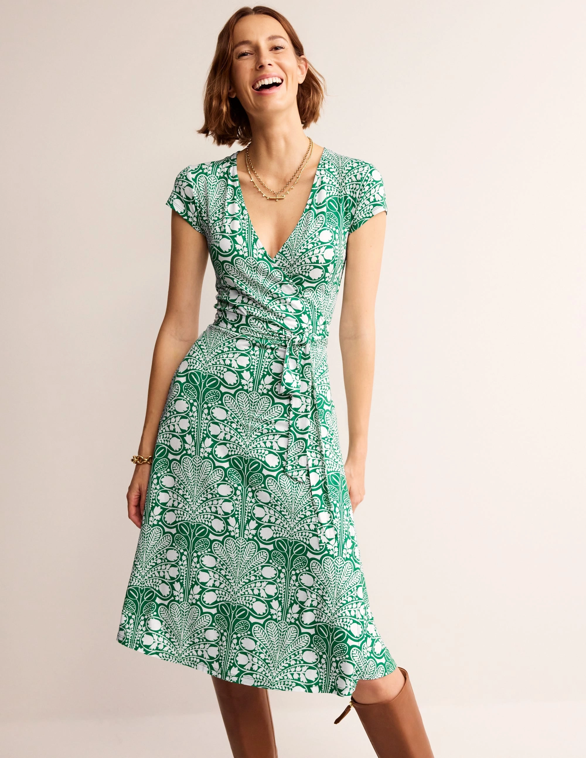 Joanna Cap Sleeve Wrap Dress-Green, Gardenia Swirl Romantic Style