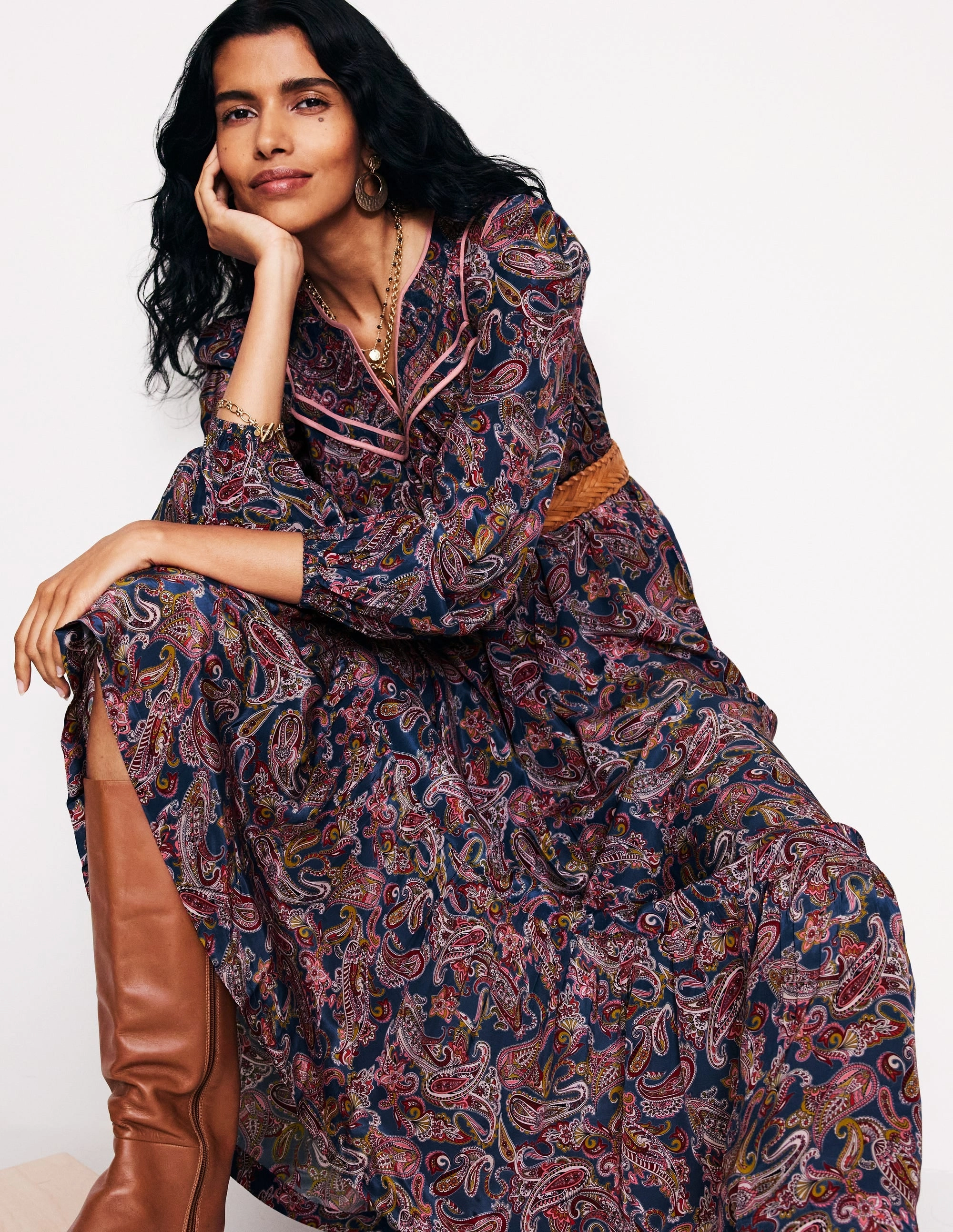 Flattering Waist Design Fit Modern Texture Quilted Yoke Maxi Dress-True Navy, Opulent Paisley